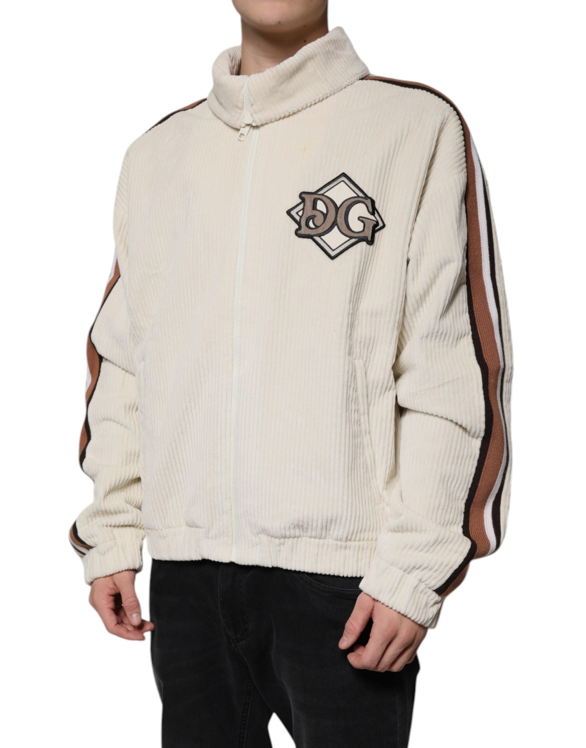 Dolce &amp; Gabbana Beige Logo Applique Cotton Corduroy Full Zip Jacket