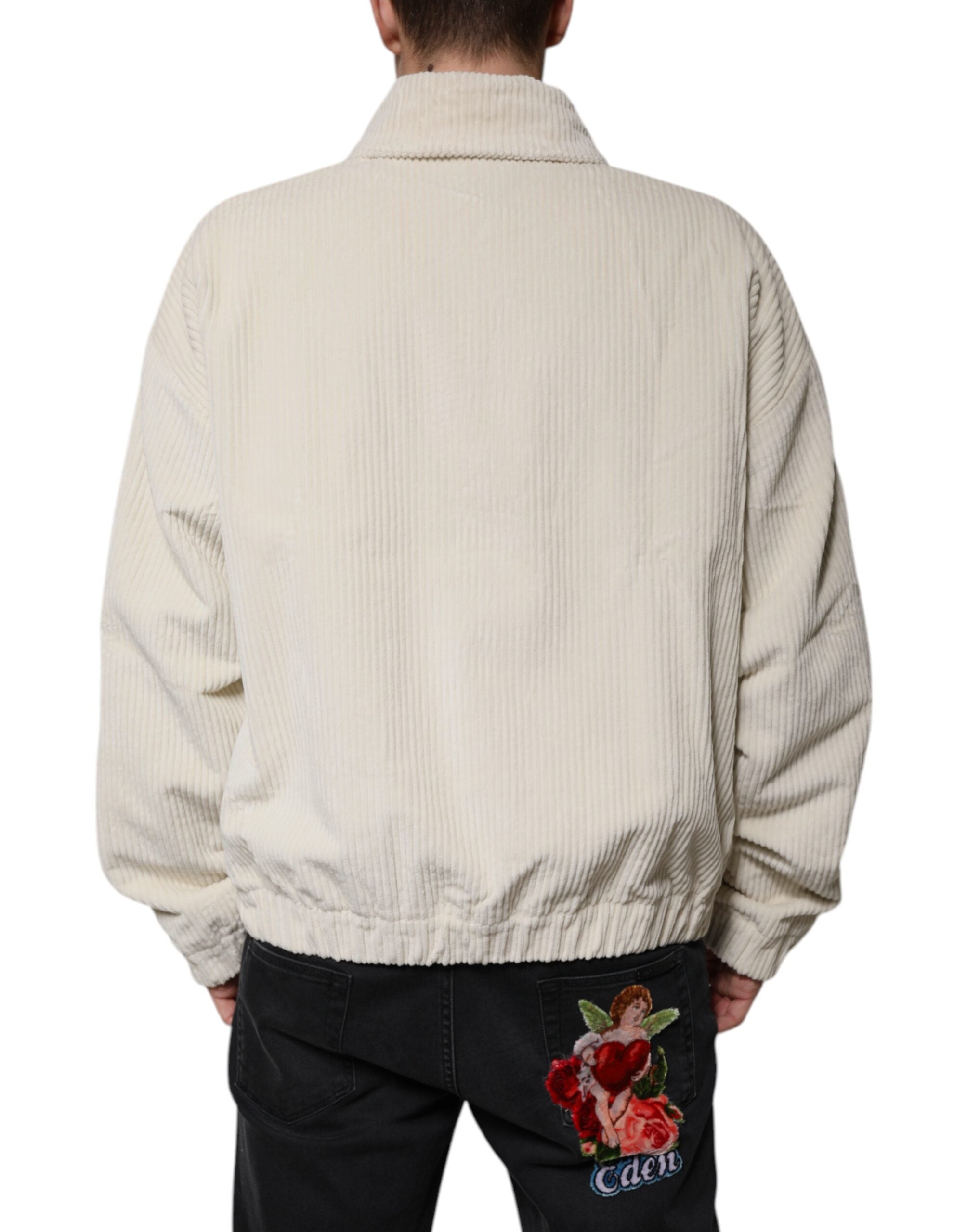 Dolce &amp; Gabbana Beige Logo Applique Cotton Corduroy Full Zip Jacket