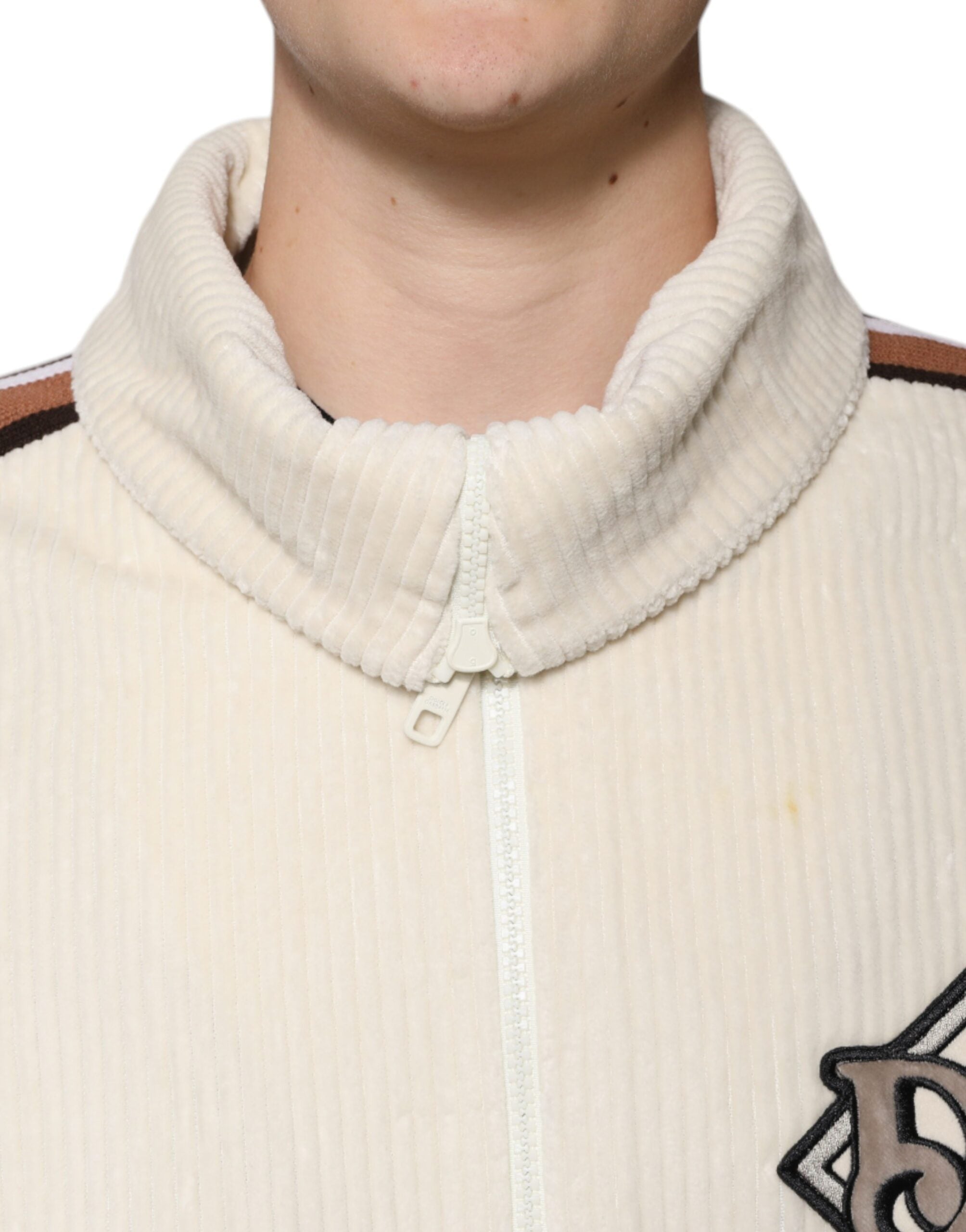 Dolce &amp; Gabbana Beige Logo Applique Cotton Corduroy Full Zip Jacket