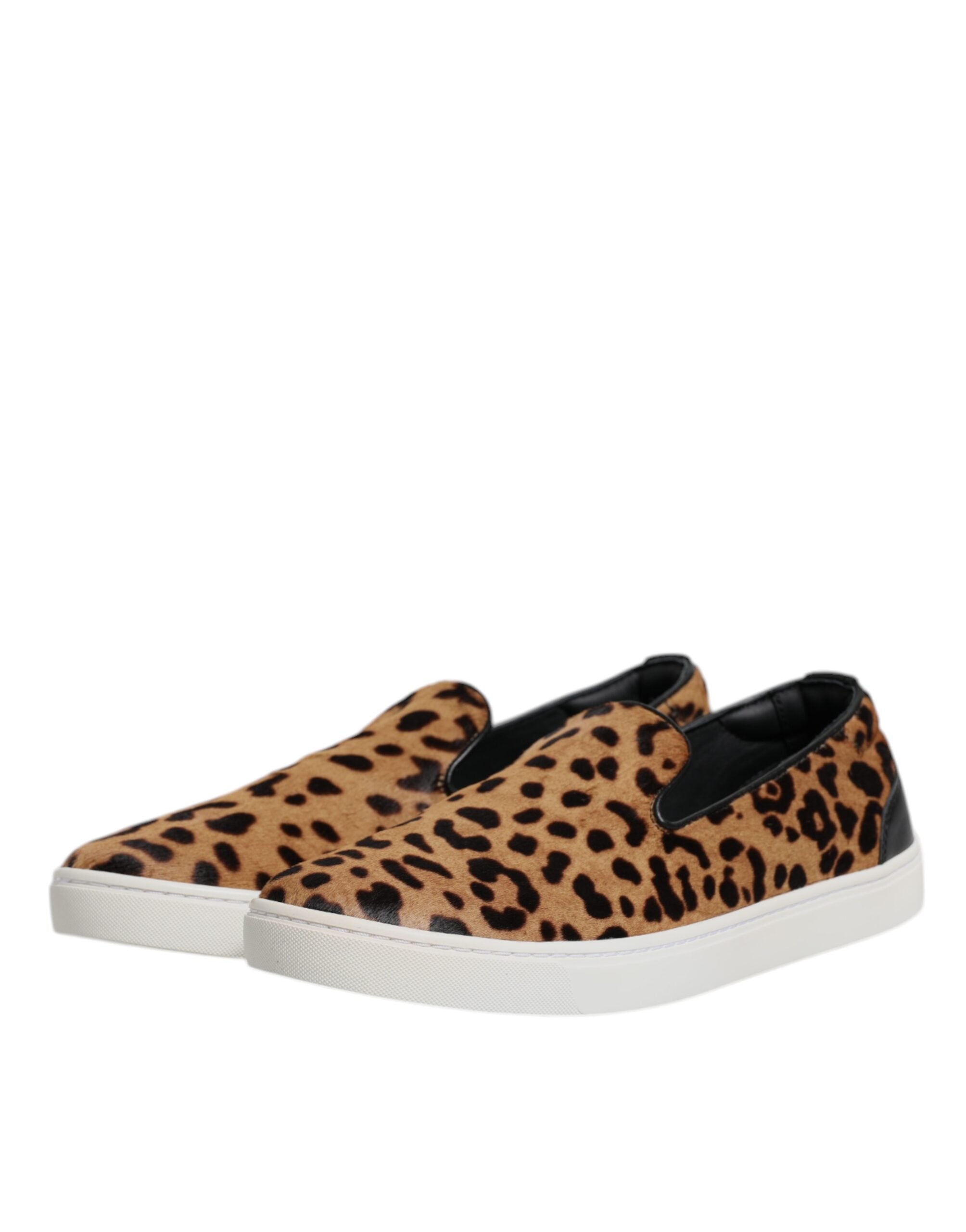 Dolce &amp; Gabbana Brown Calfskin Fur Leopard Sneakers Shoes