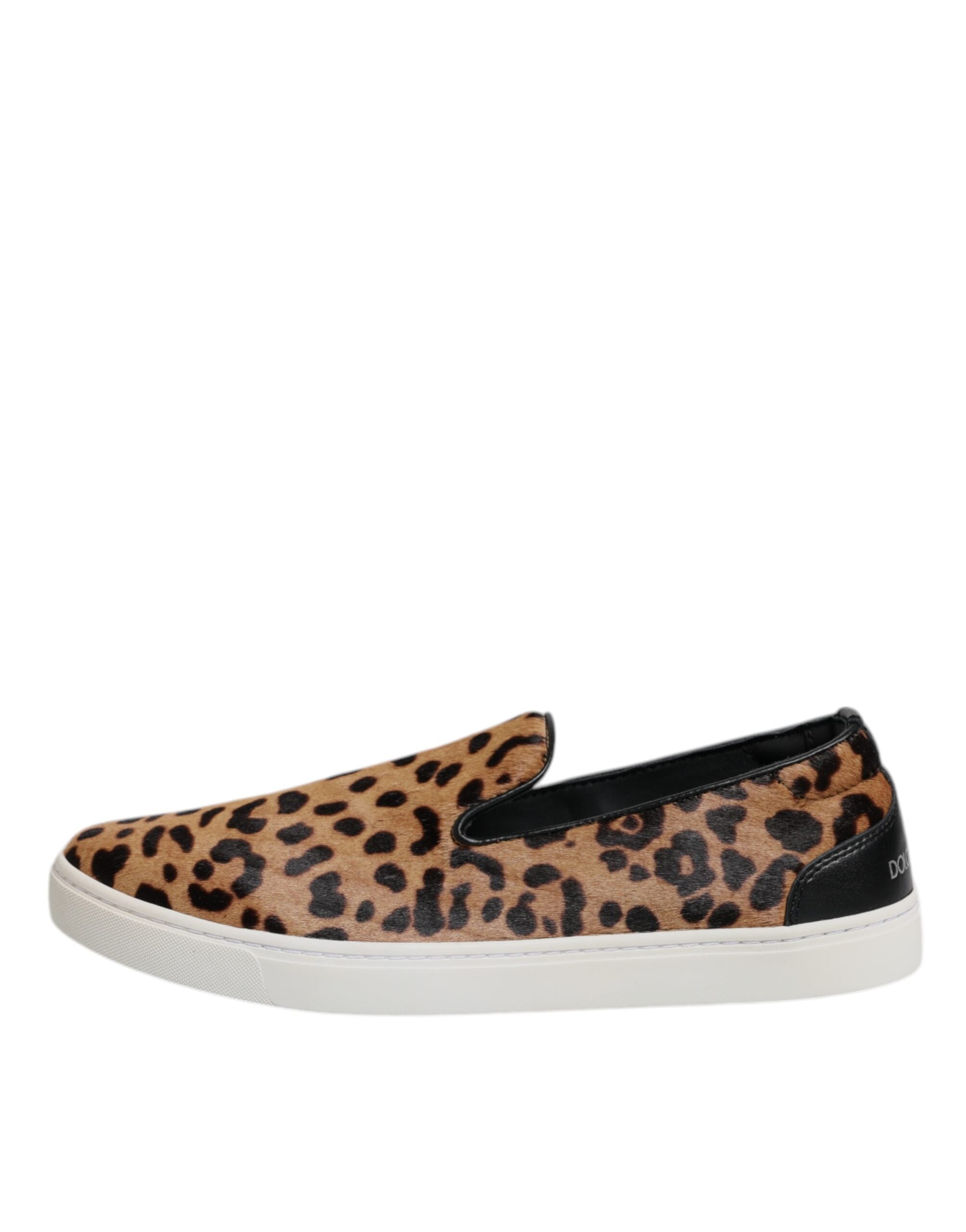 Dolce &amp; Gabbana Brown Calfskin Fur Leopard Sneakers Shoes