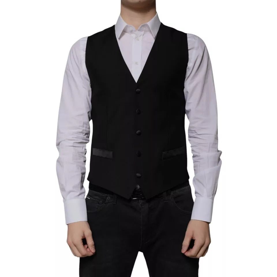 Dolce &amp; Gabbana Black Wool Formal Dress Men Waistcoat Vest