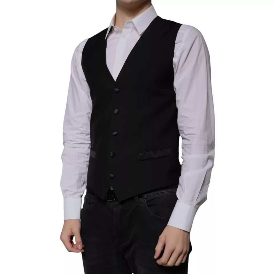Dolce &amp; Gabbana Black Wool Formal Dress Men Waistcoat Vest