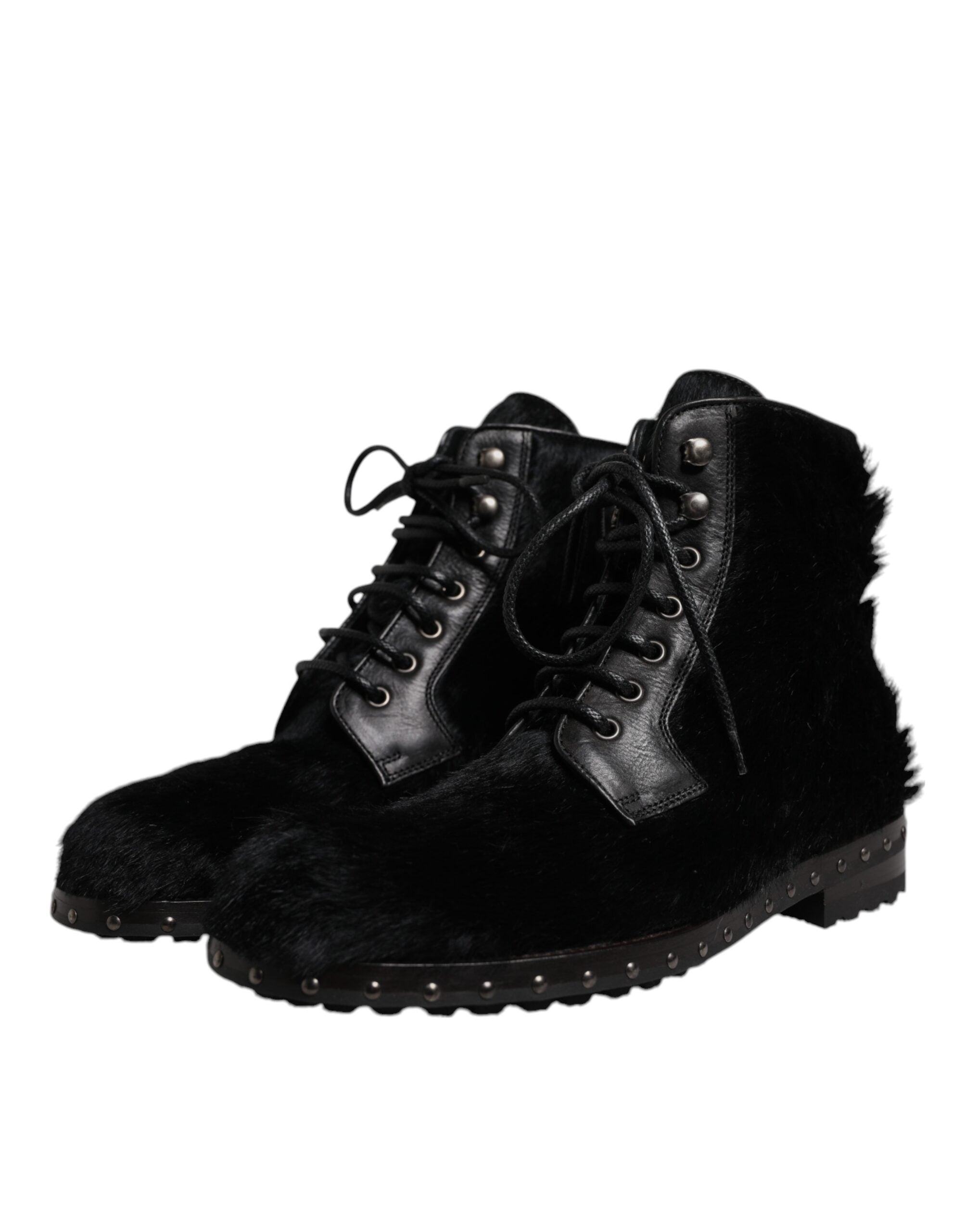 Dolce &amp; Gabbana Black Pony Style Leather Mid Calf Boots Shoes