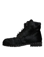 Dolce &amp; Gabbana Black Pony Style Leather Mid Calf Boots Shoes