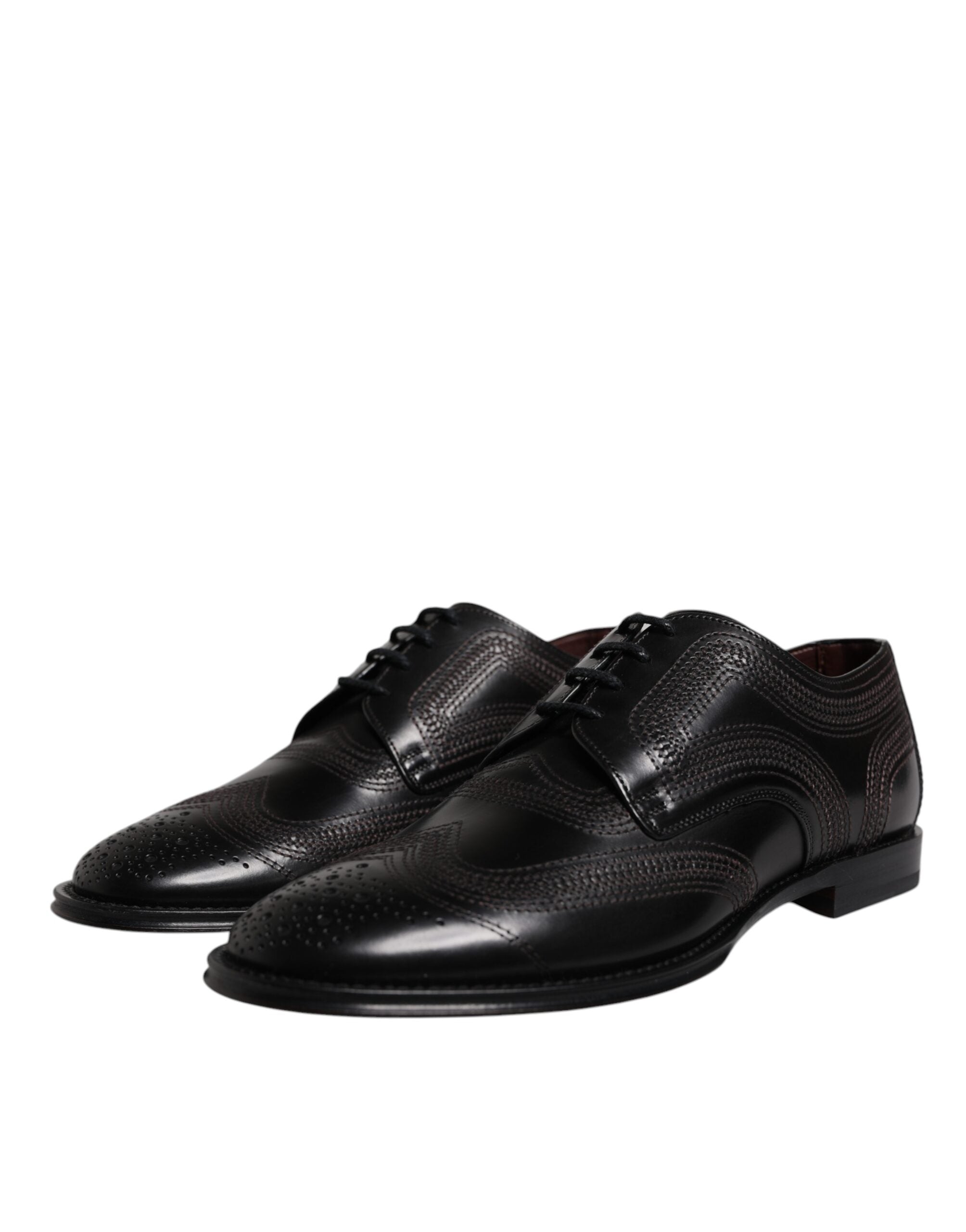 Dolce &amp; Gabbana Black Embroidered Classic Leather Derby Dress Shoes