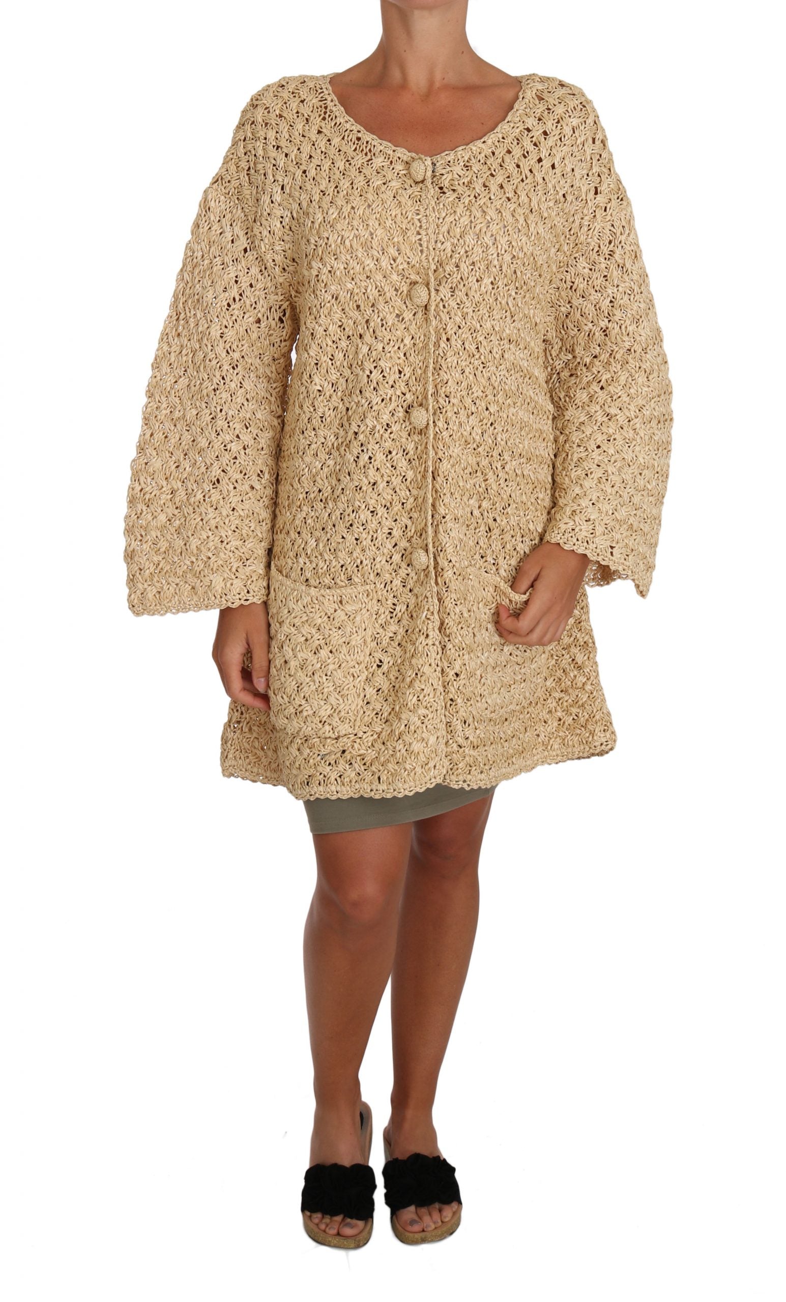 Dolce &amp; Gabbana Beige Cardigan Crochet Knitted Raffia Sweater