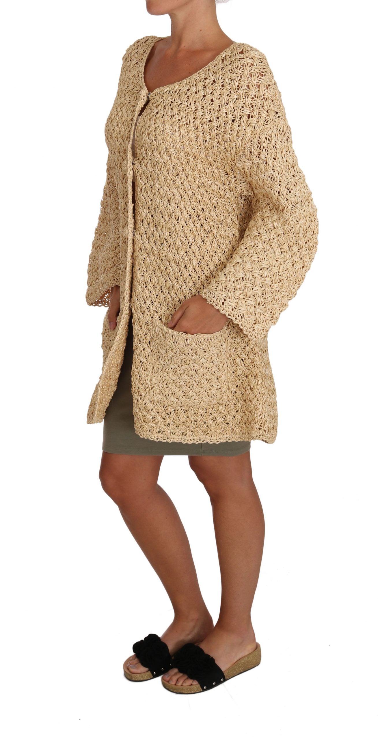 Dolce &amp; Gabbana Beige Cardigan Crochet Knitted Raffia Sweater