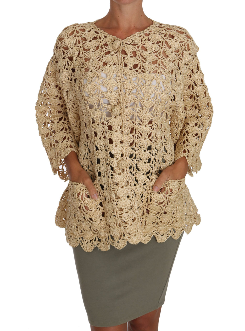 Dolce &amp; Gabbana Beige Cardigan Crochet Knitted Raffia Sweater
