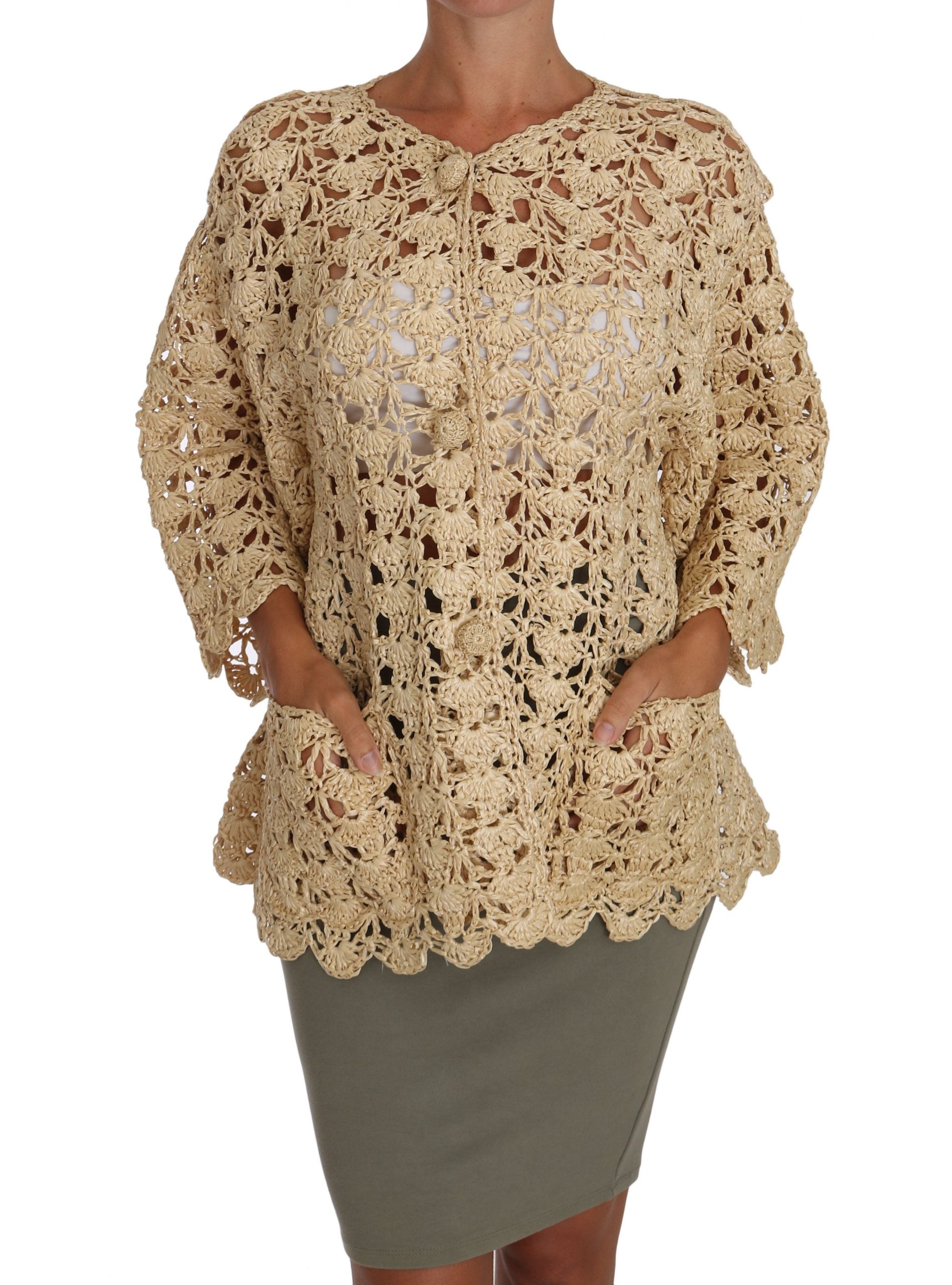 Dolce &amp; Gabbana Beige Cardigan Crochet Knitted Raffia Sweater