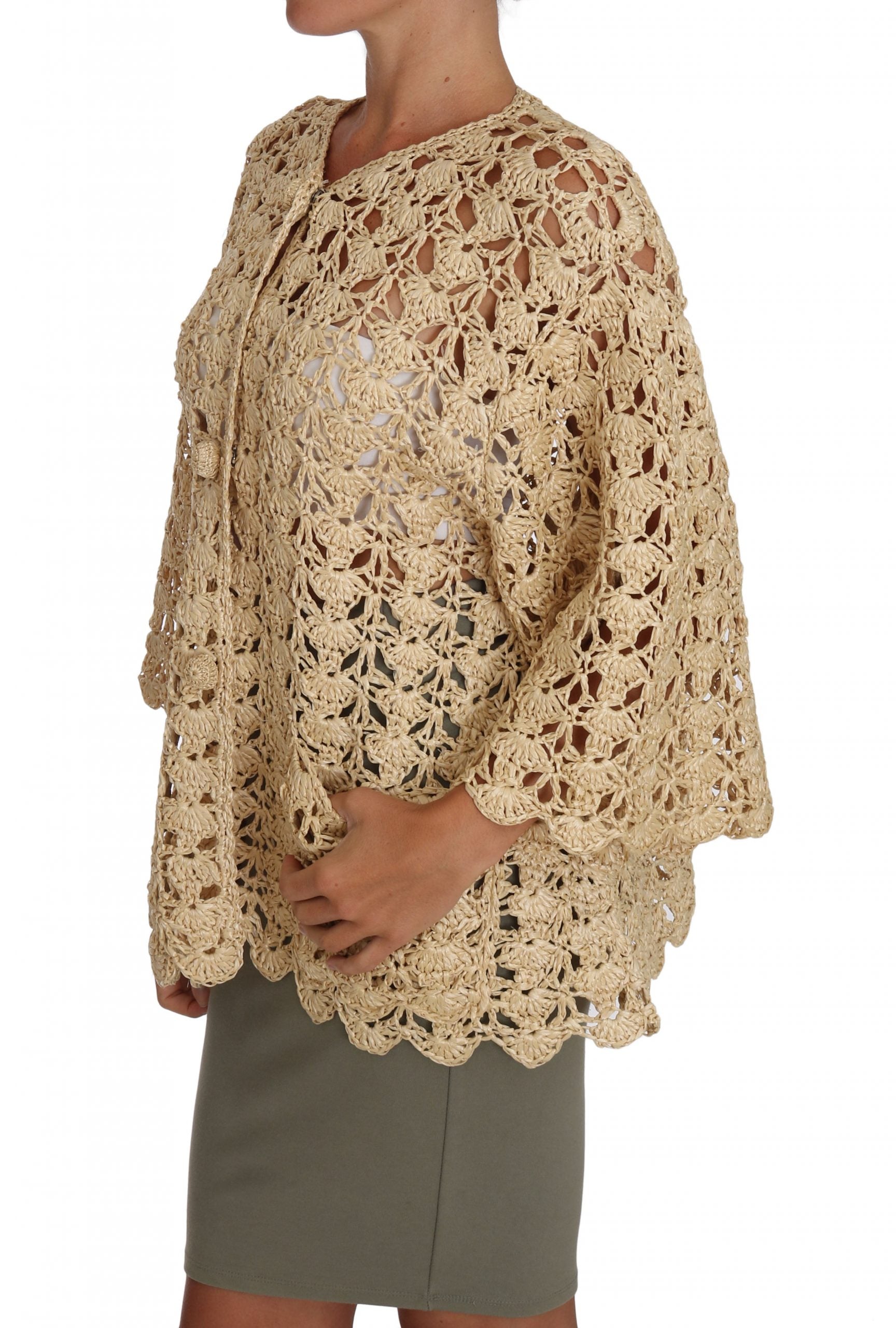 Dolce &amp; Gabbana Beige Cardigan Crochet Knitted Raffia Sweater