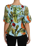 Dolce &amp; Gabbana Multicolor Vegetable Print Silk Top Peplum Wrap Blouse