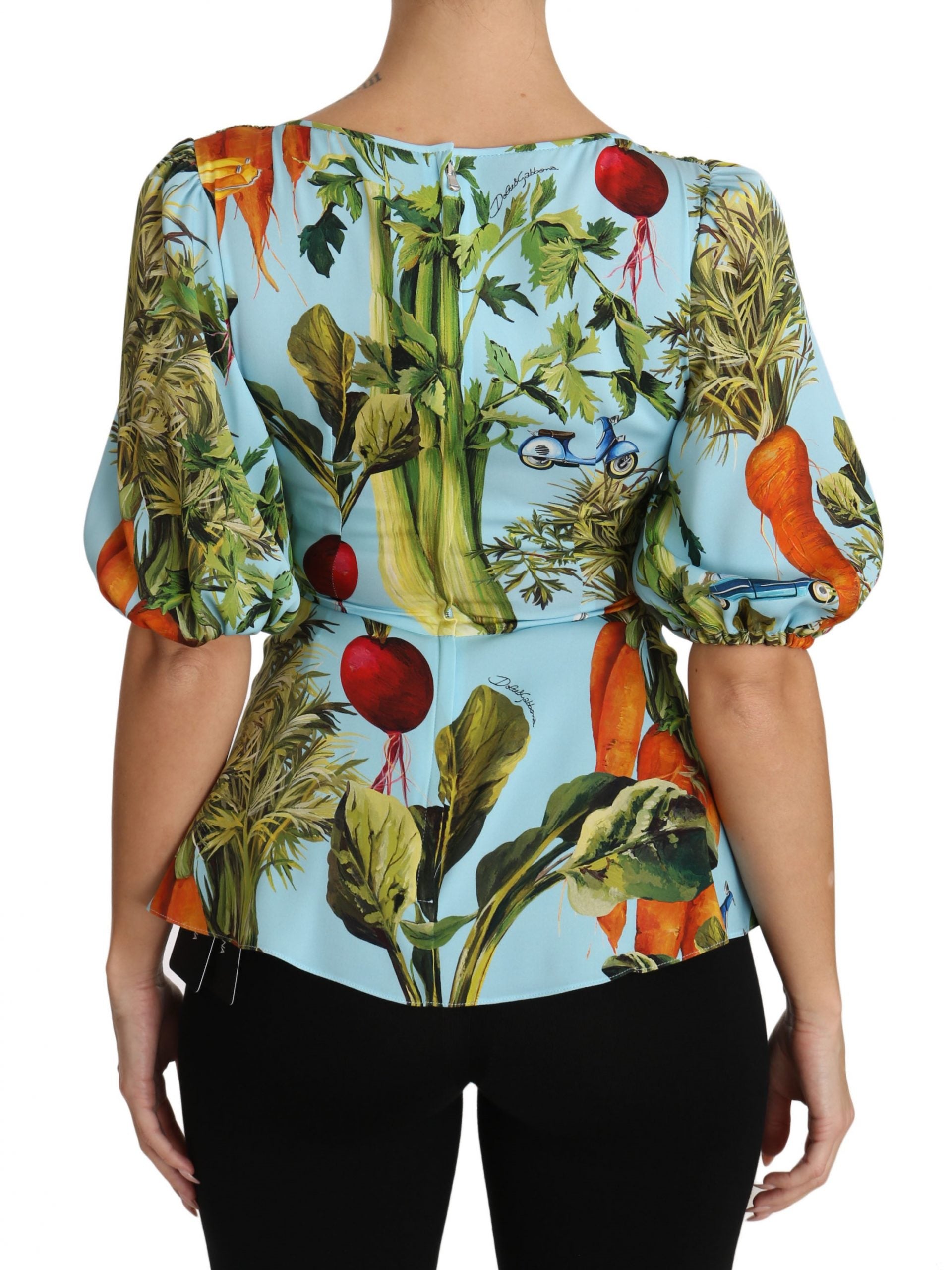Dolce &amp; Gabbana Multicolor Vegetable Print Silk Top Peplum Wrap Blouse