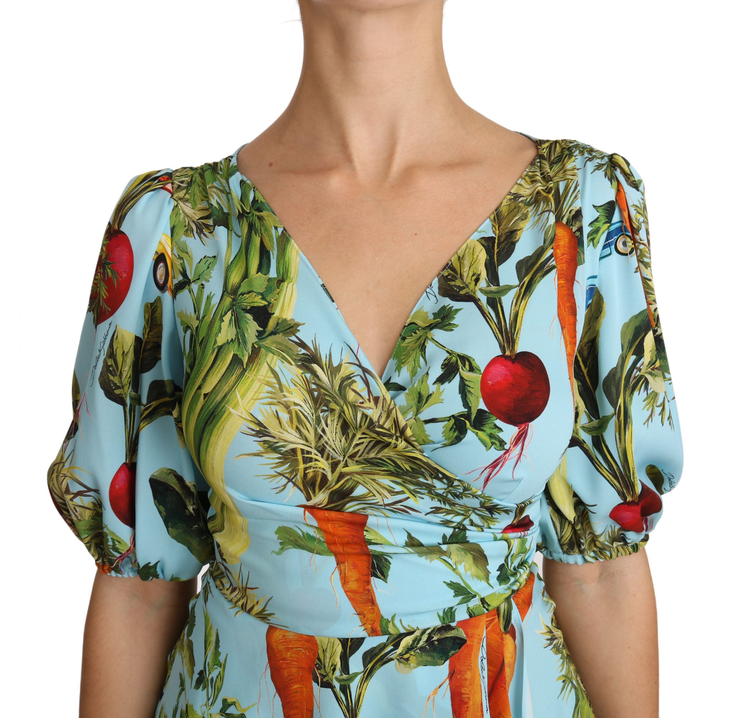 Dolce &amp; Gabbana Multicolor Vegetable Print Silk Top Peplum Wrap Blouse