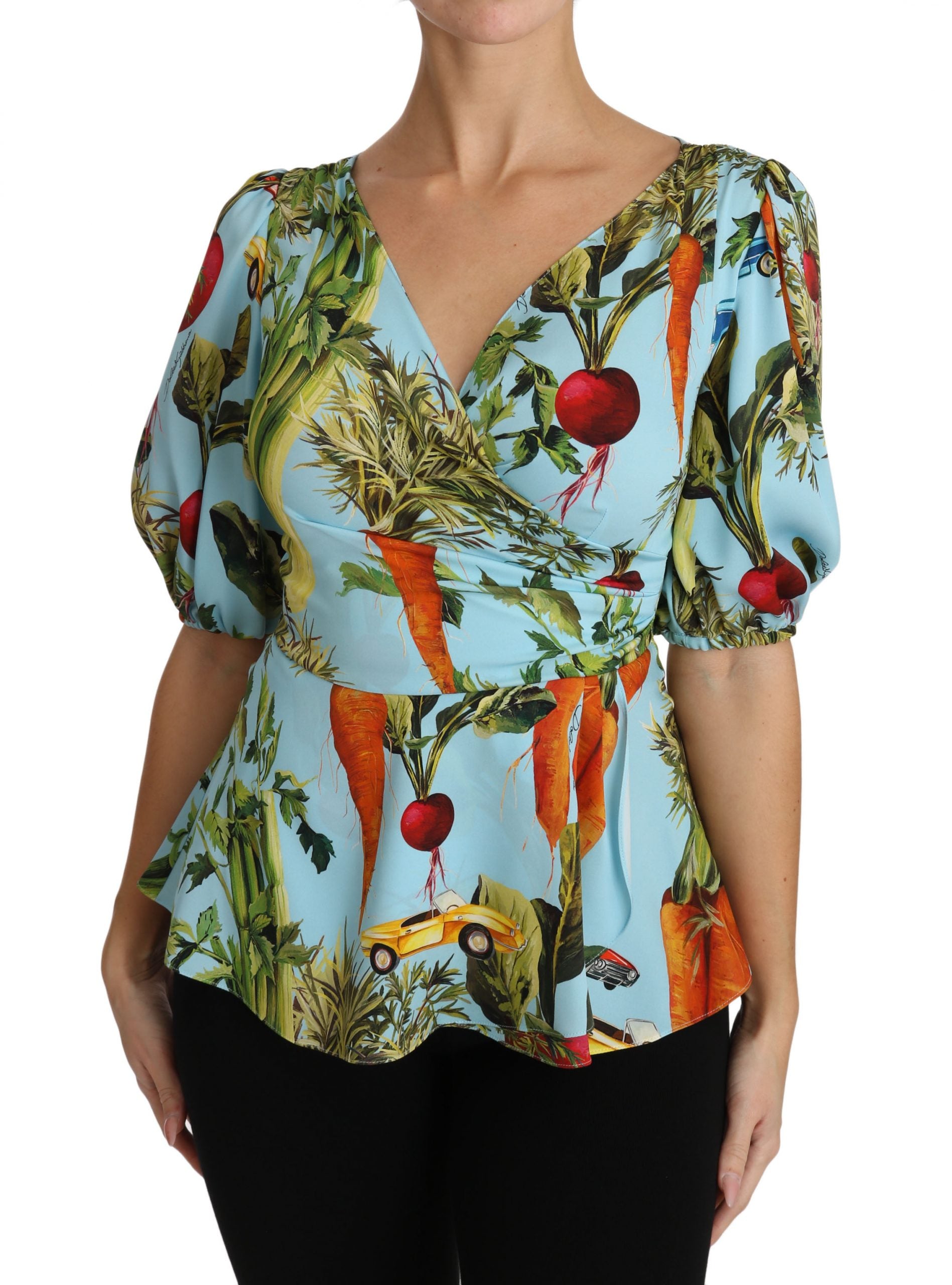 Dolce &amp; Gabbana Multicolor Vegetable Print Silk Top Peplum Wrap Blouse