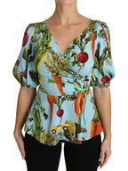 Dolce &amp; Gabbana Multicolor Vegetable Print Silk Top Peplum Wrap Blouse