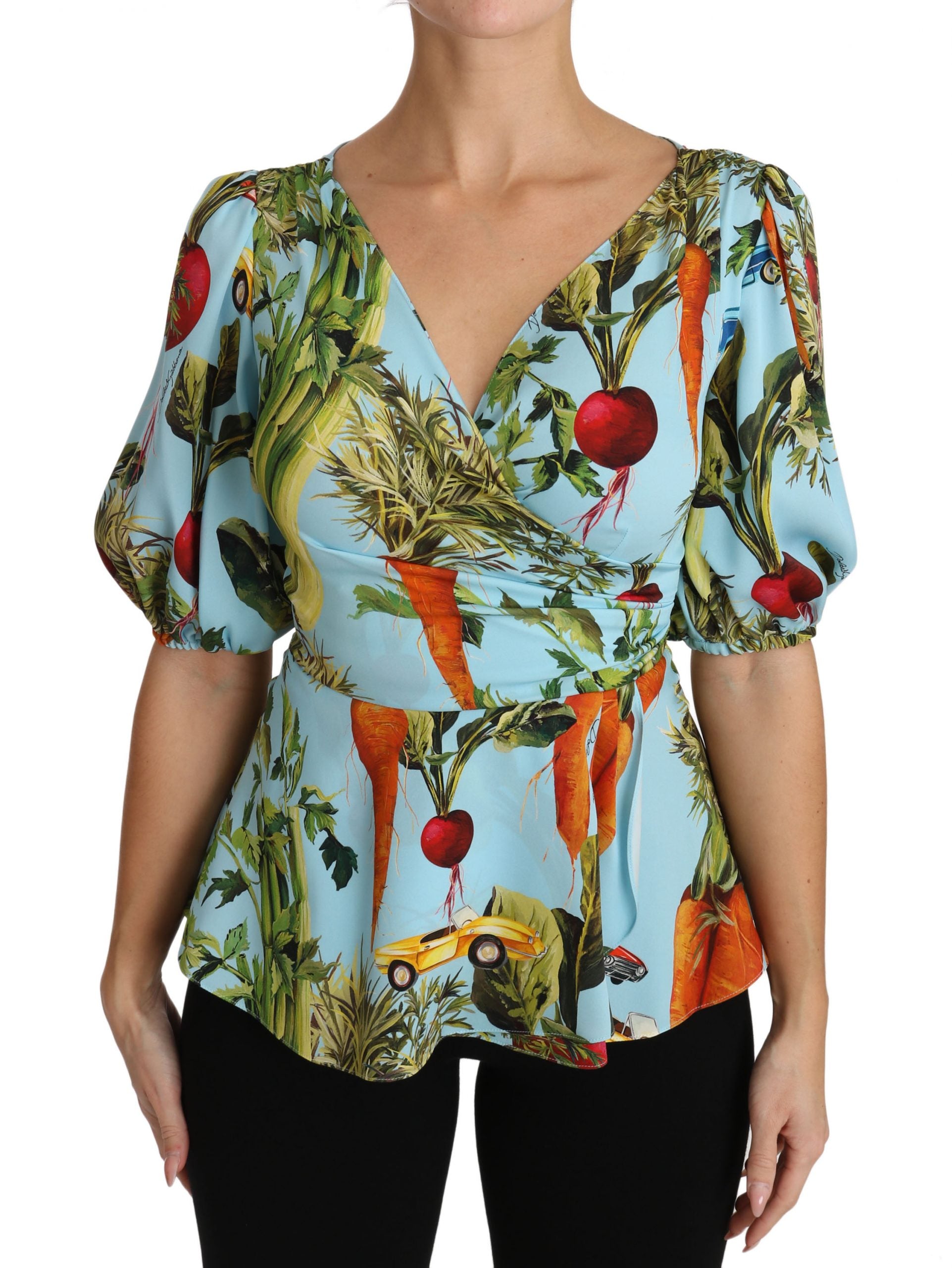Dolce &amp; Gabbana Multicolor Vegetable Print Silk Top Peplum Wrap Blouse