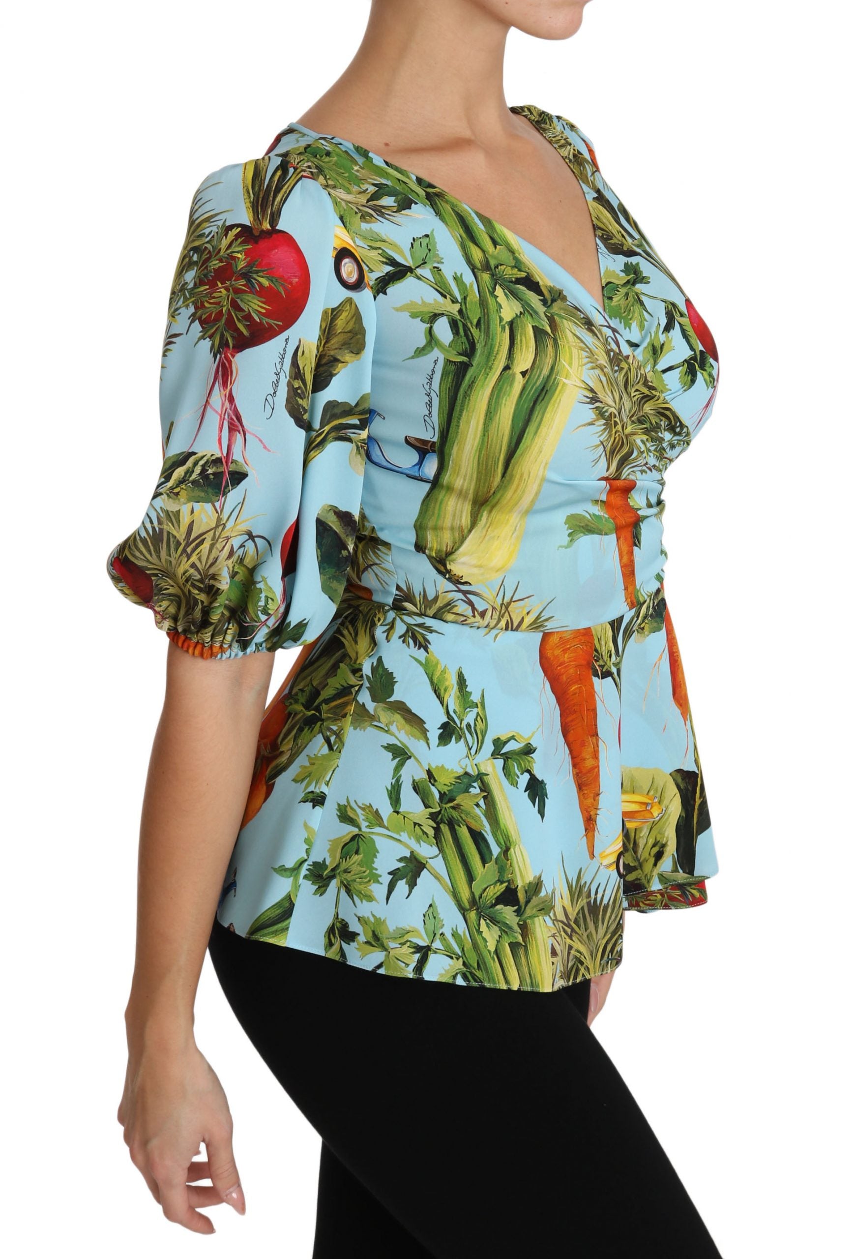 Dolce &amp; Gabbana Multicolor Vegetable Print Silk Top Peplum Wrap Blouse