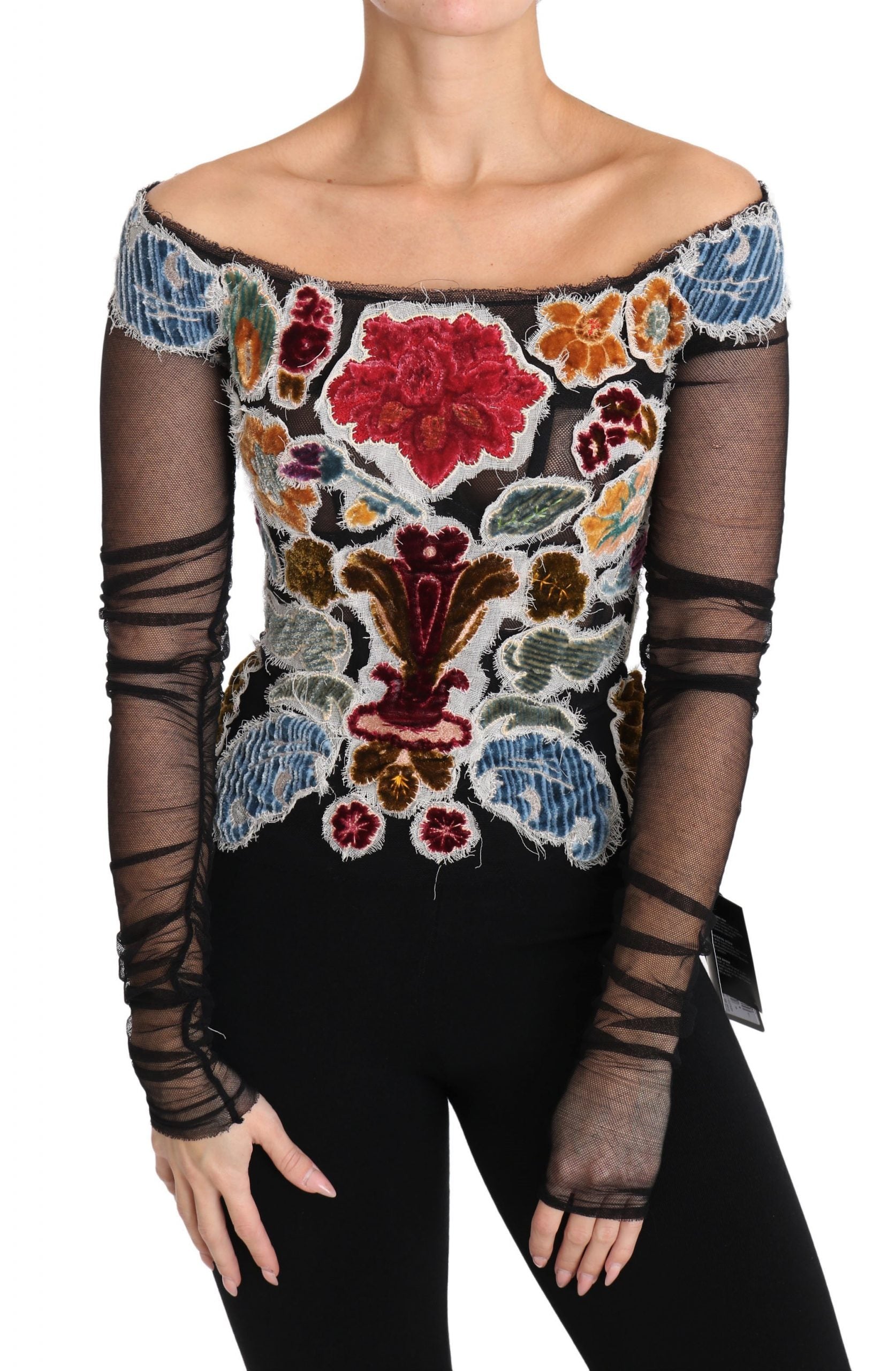 Dolce &amp; Gabbana Black Floral Embroidery Top T-shirt Blouse