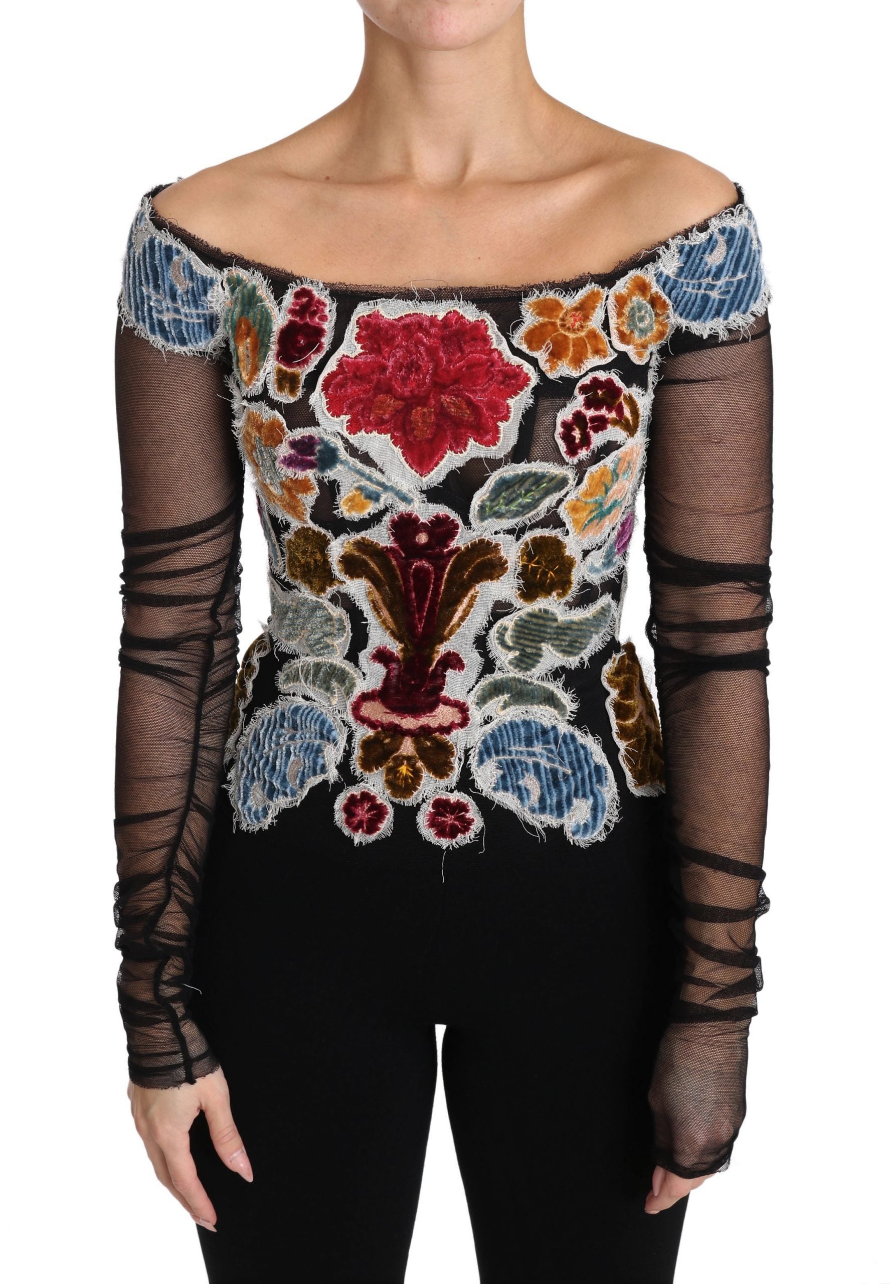 Dolce &amp; Gabbana Black Floral Embroidery Top T-shirt Blouse