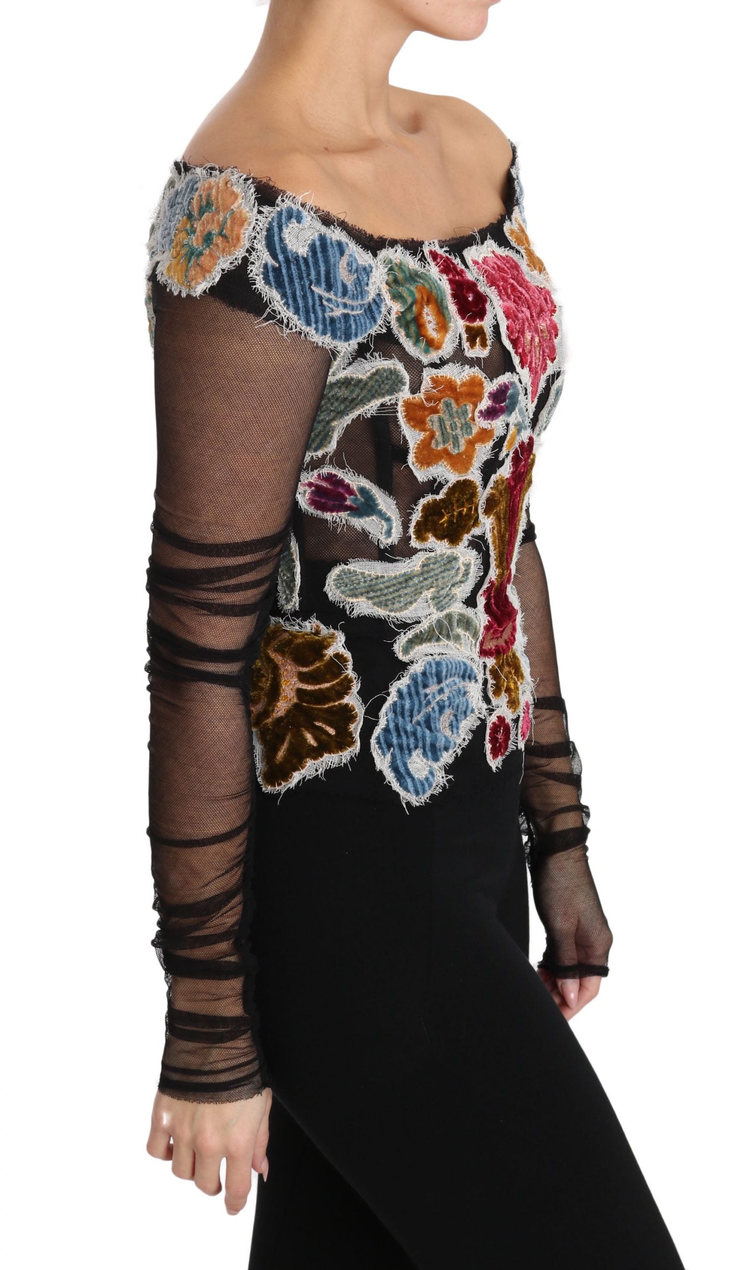 Dolce &amp; Gabbana Black Floral Embroidery Top T-shirt Blouse