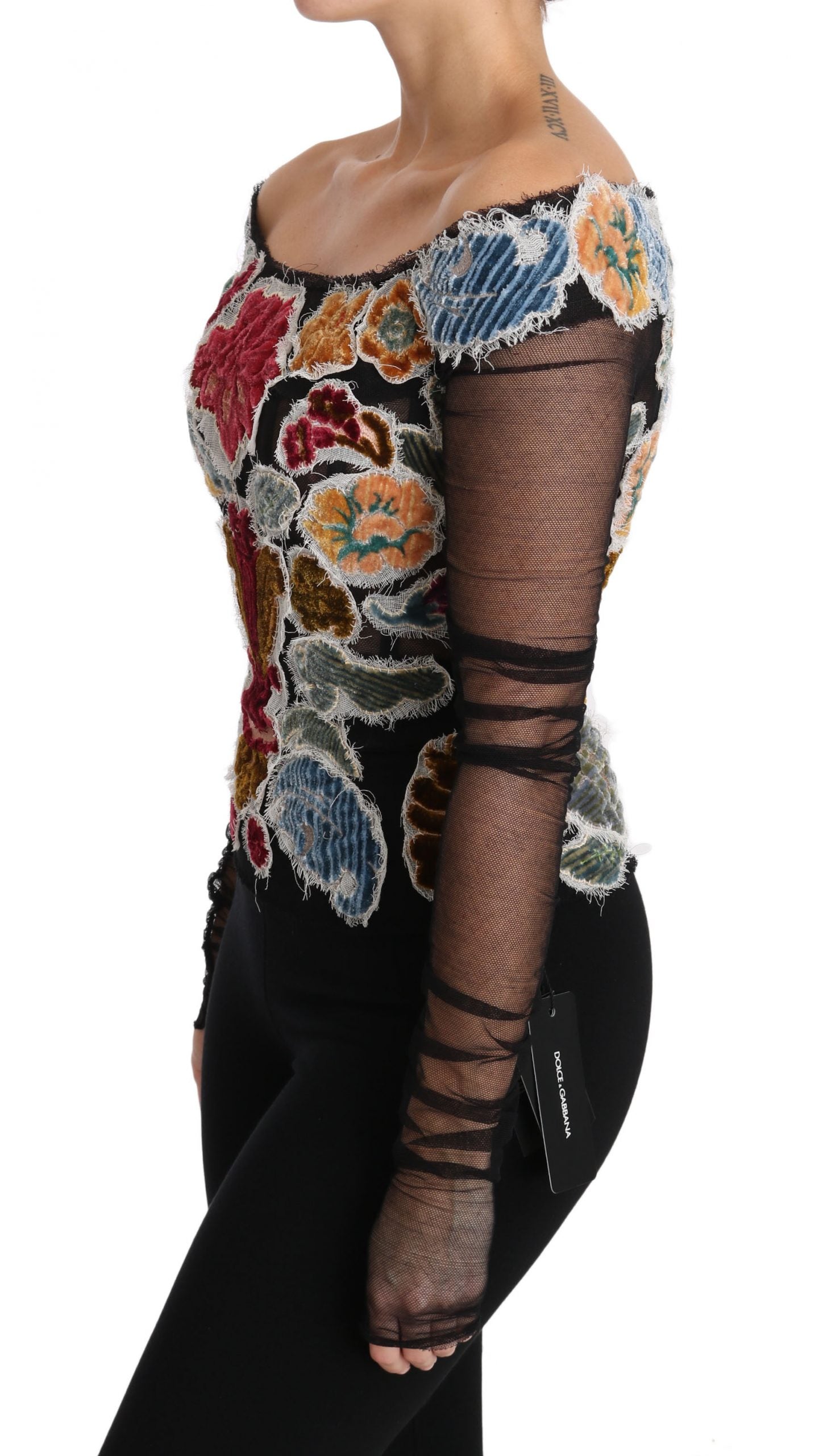 Dolce &amp; Gabbana Black Floral Embroidery Top T-shirt Blouse