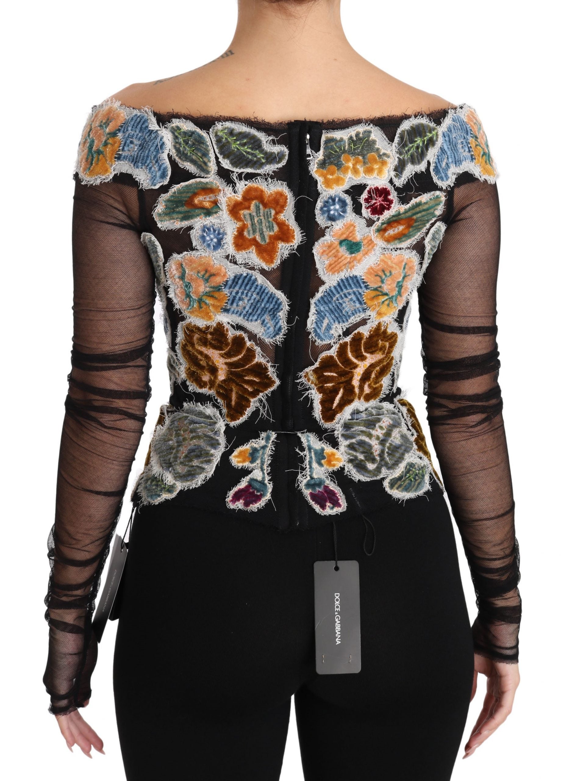 Dolce &amp; Gabbana Black Floral Embroidery Top T-shirt Blouse