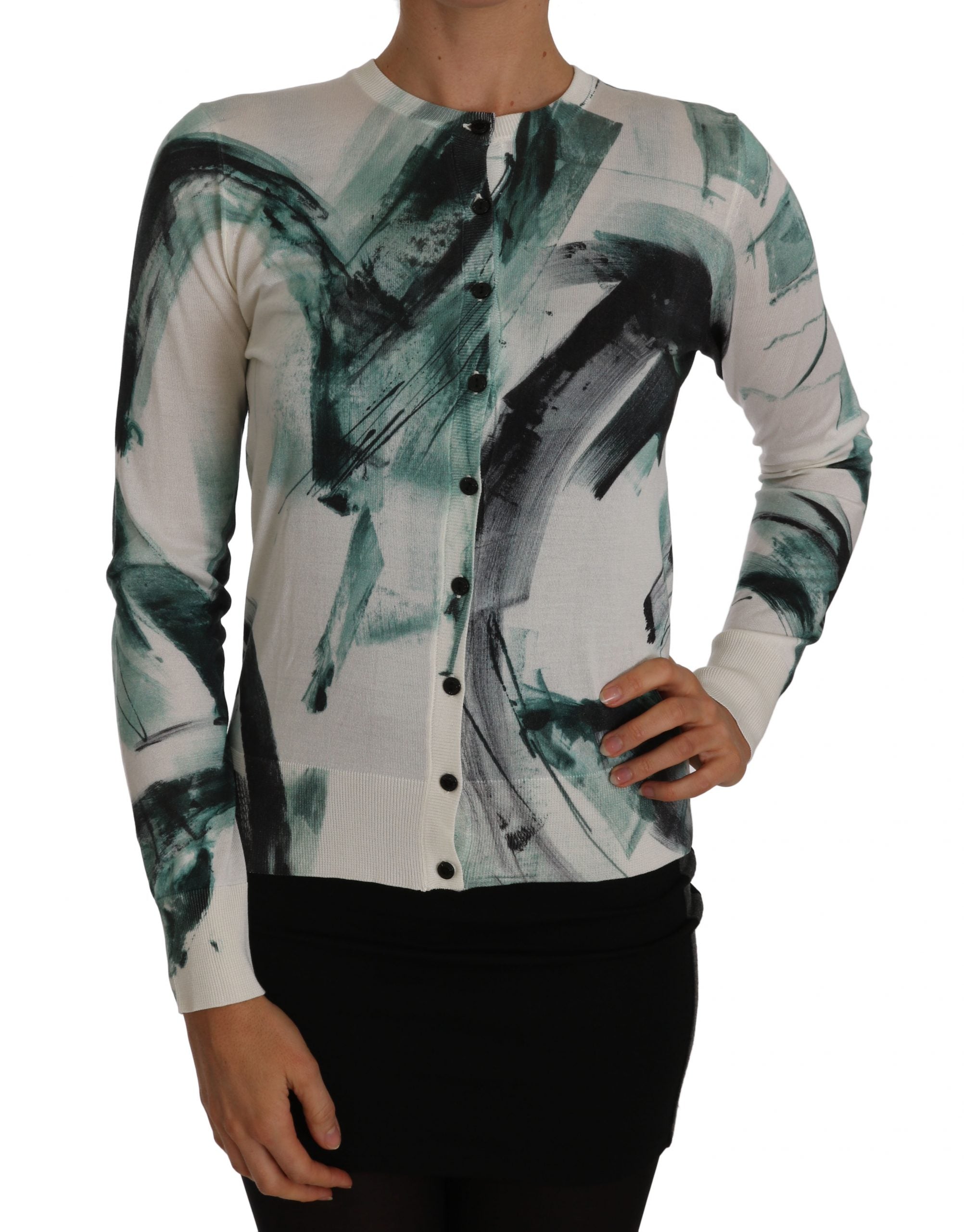 Dolce &amp; Gabbana White Silk Cardigan Lightweight Paint Stroke Sweater