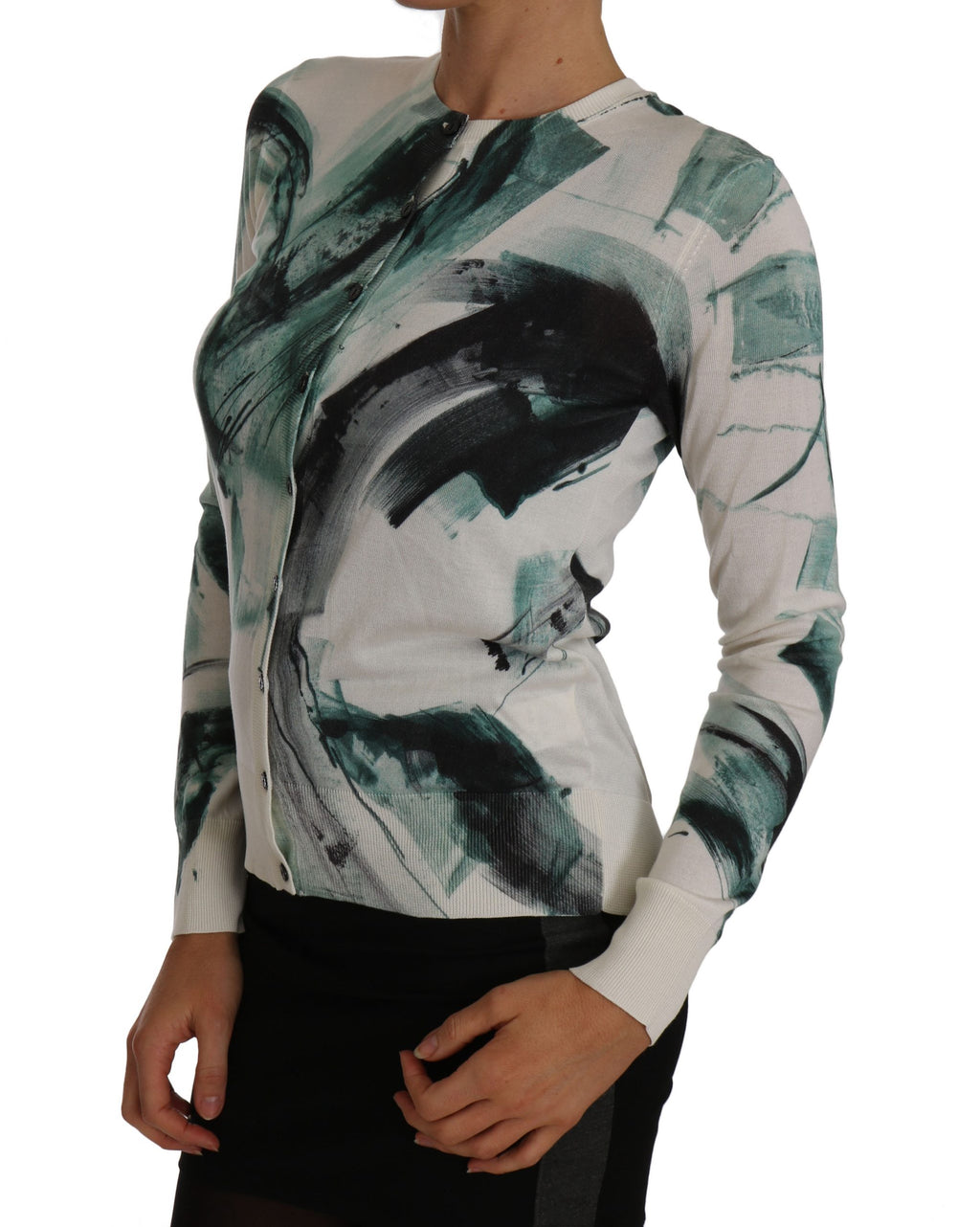 Dolce &amp; Gabbana White Silk Cardigan Lightweight Paint Stroke Sweater