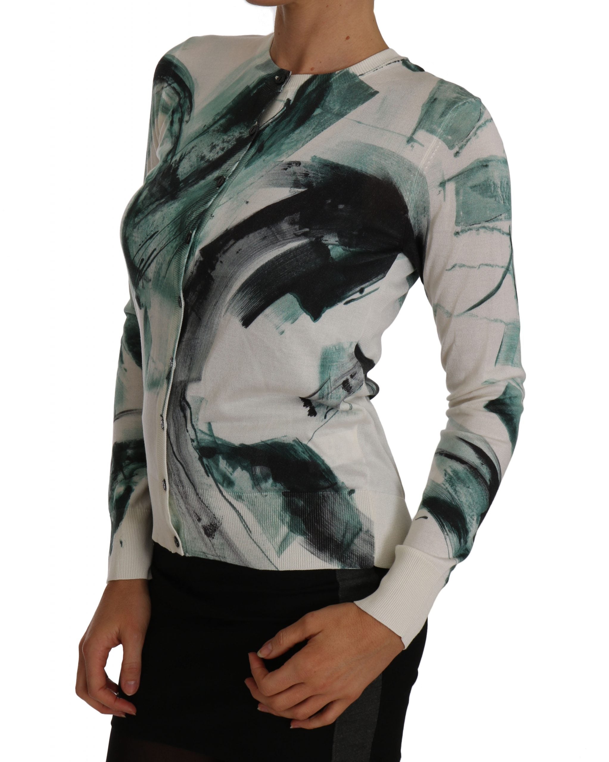 Dolce &amp; Gabbana White Silk Cardigan Lightweight Paint Stroke Sweater