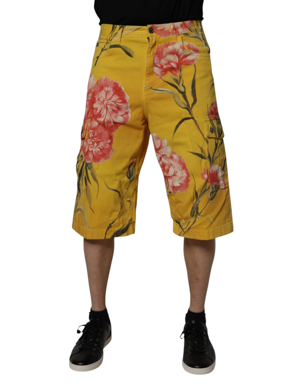 Dolce &amp; Gabbana Yellow Floral Cargo Denim Men Bermuda Shorts