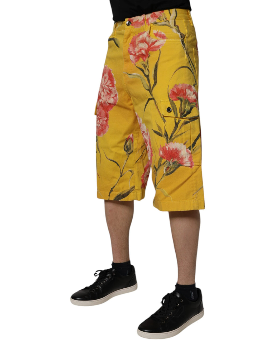 Dolce &amp; Gabbana Yellow Floral Cargo Denim Men Bermuda Shorts