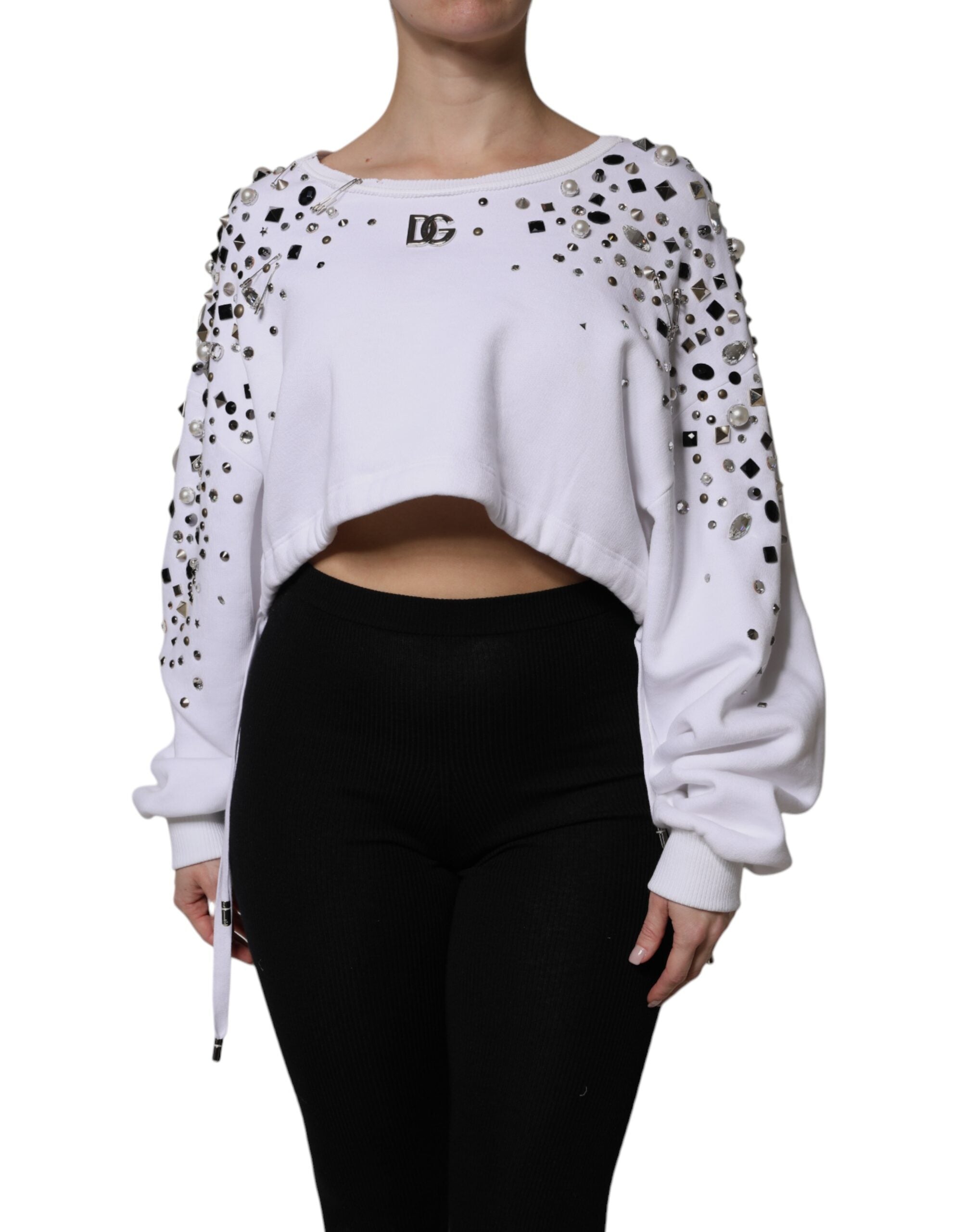 Dolce &amp; Gabbana White Embellished Long Sleeve Cropped Sweater