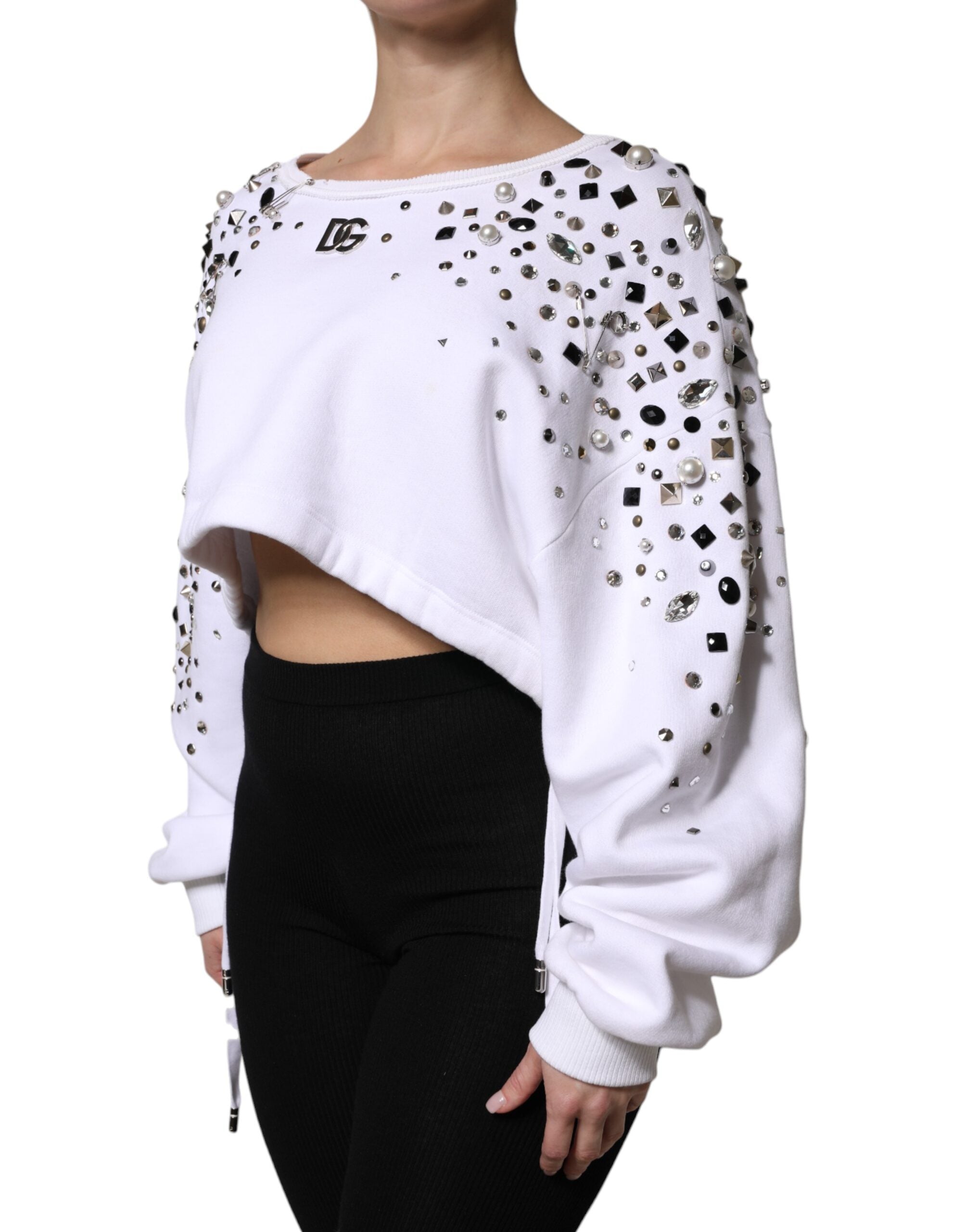 Dolce &amp; Gabbana White Embellished Long Sleeve Cropped Sweater