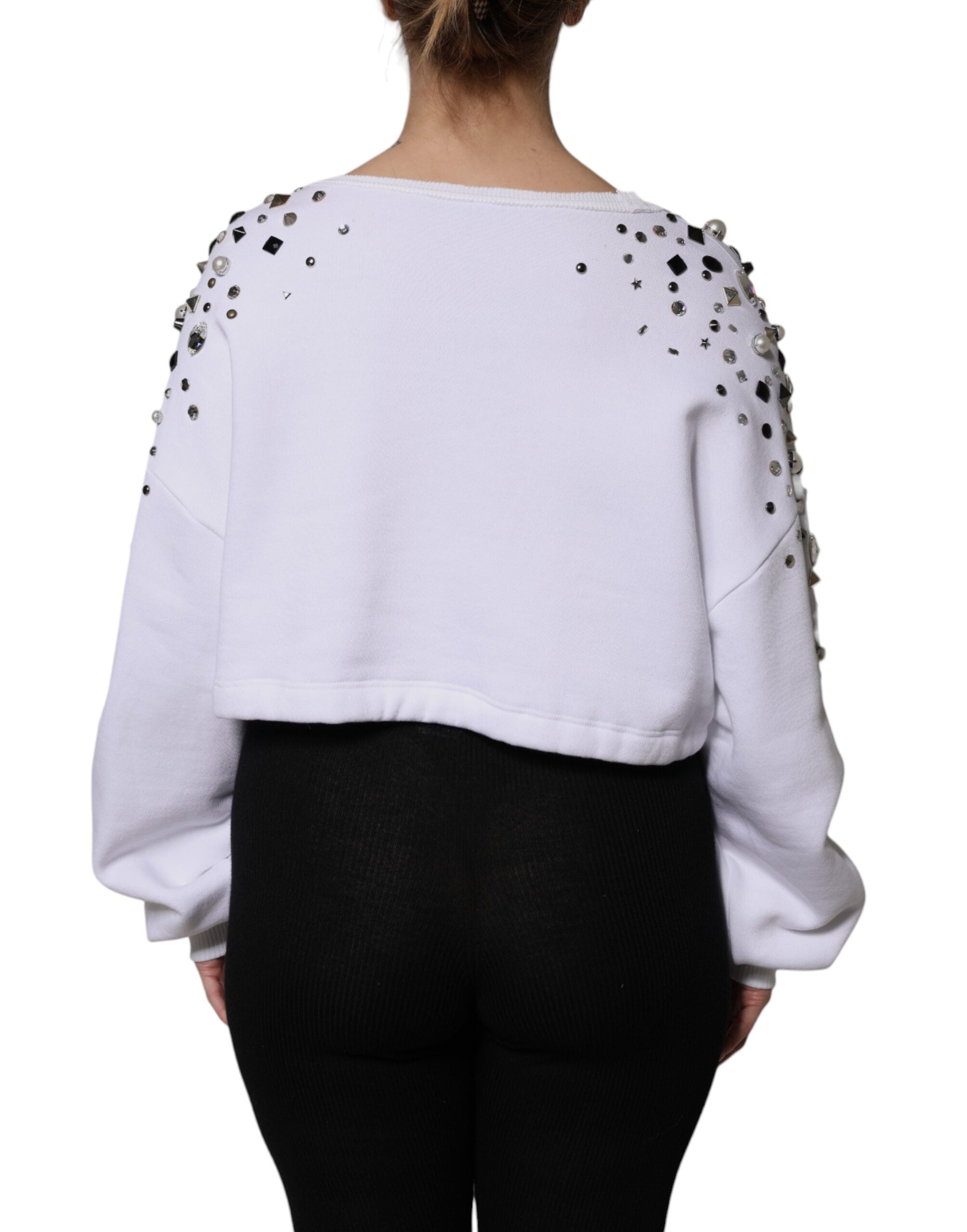 Dolce &amp; Gabbana White Embellished Long Sleeve Cropped Sweater