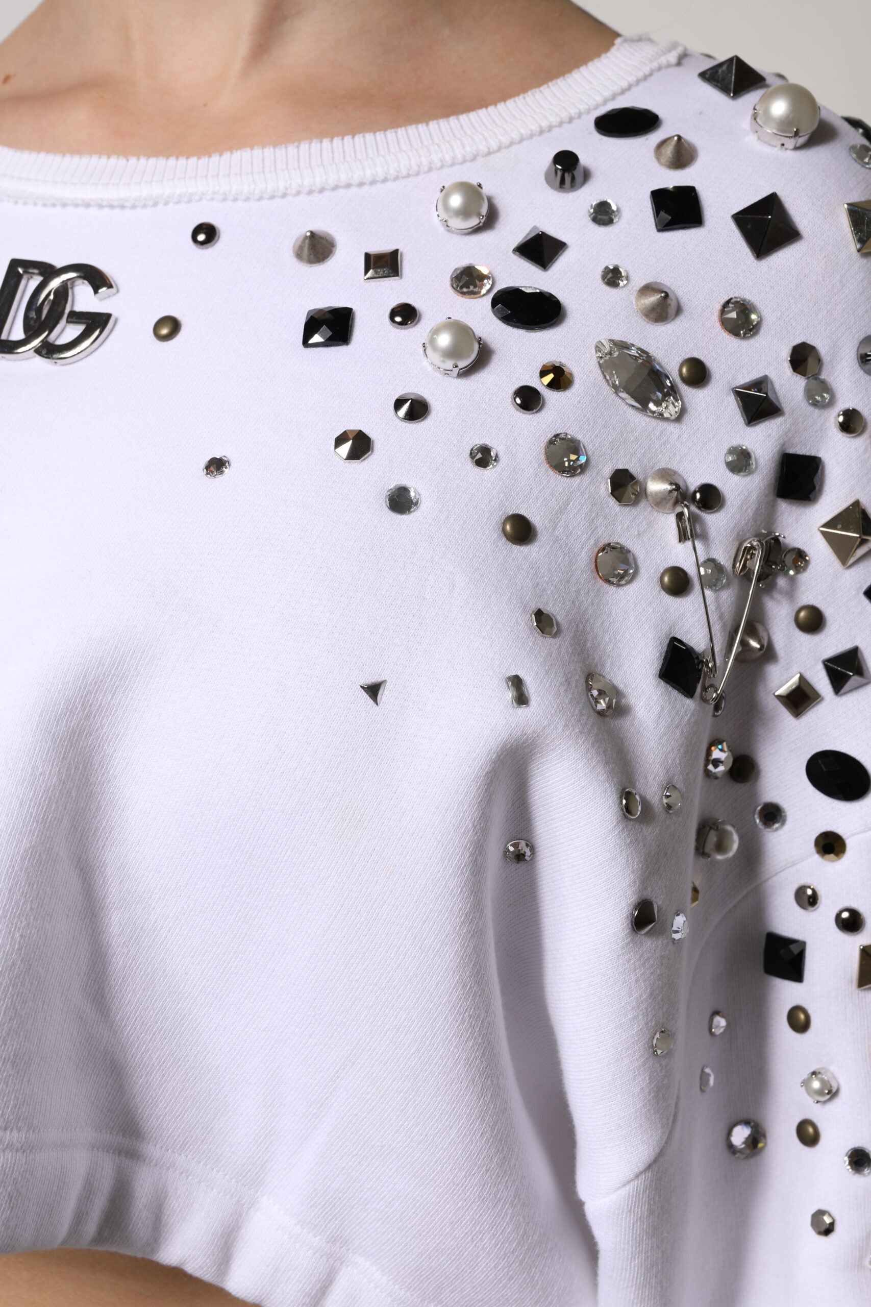 Dolce &amp; Gabbana White Embellished Long Sleeve Cropped Sweater