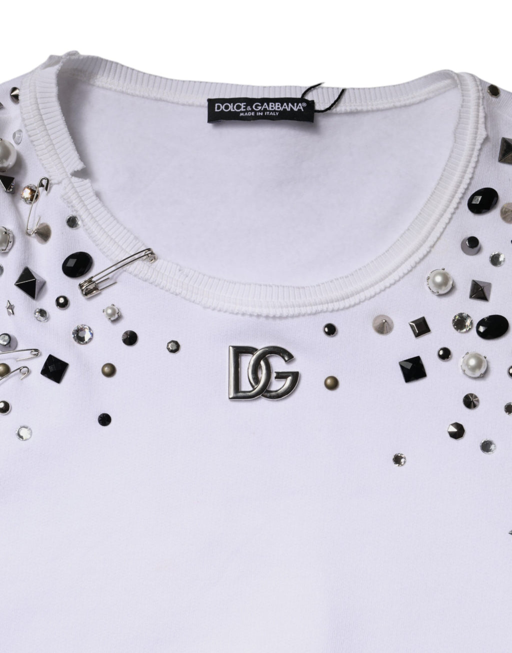 Dolce &amp; Gabbana White Embellished Long Sleeve Cropped Sweater