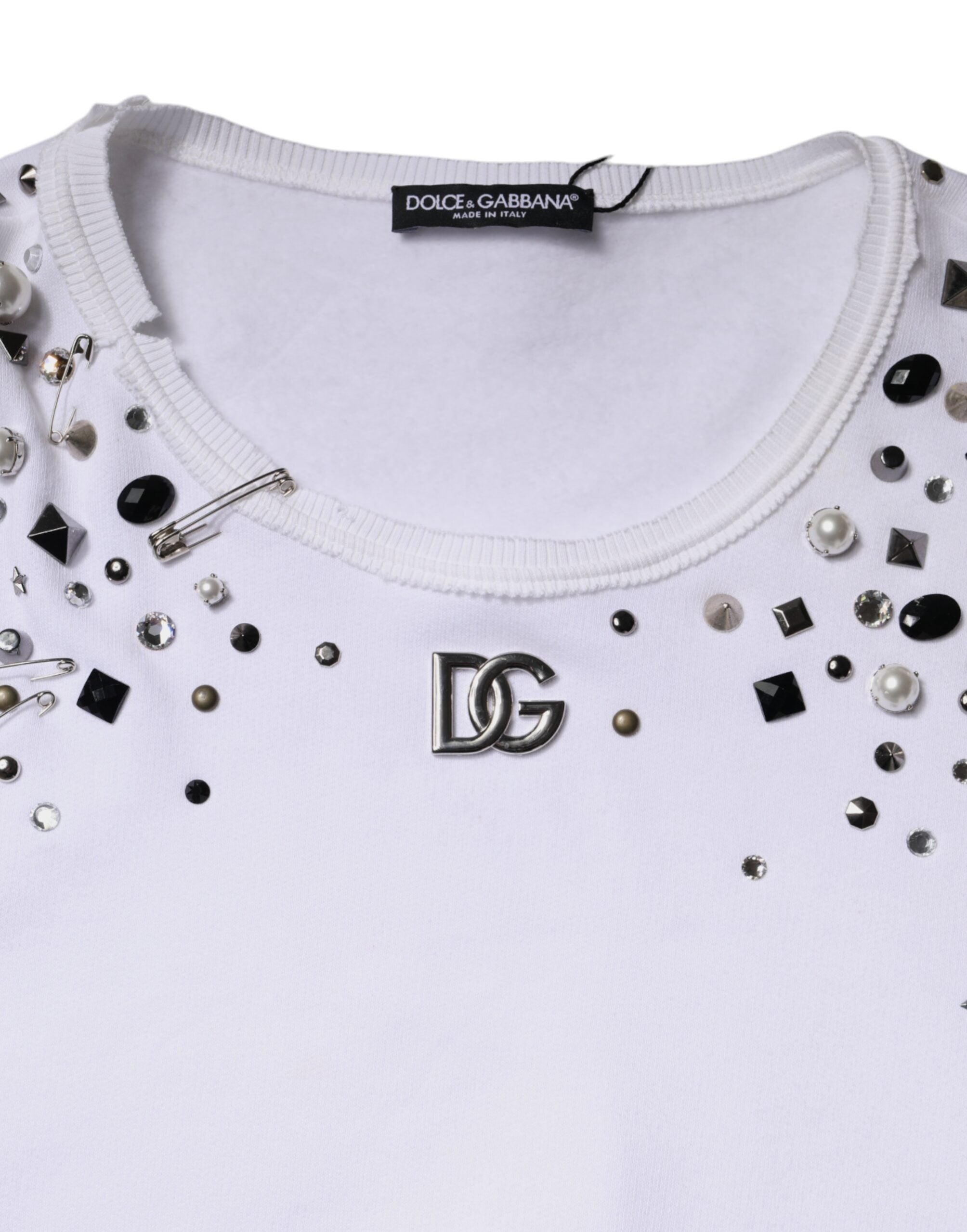 Dolce &amp; Gabbana White Embellished Long Sleeve Cropped Sweater