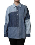 Dolce &amp; Gabbana Blue Cotton Button Up Collared Long Sleeve Top