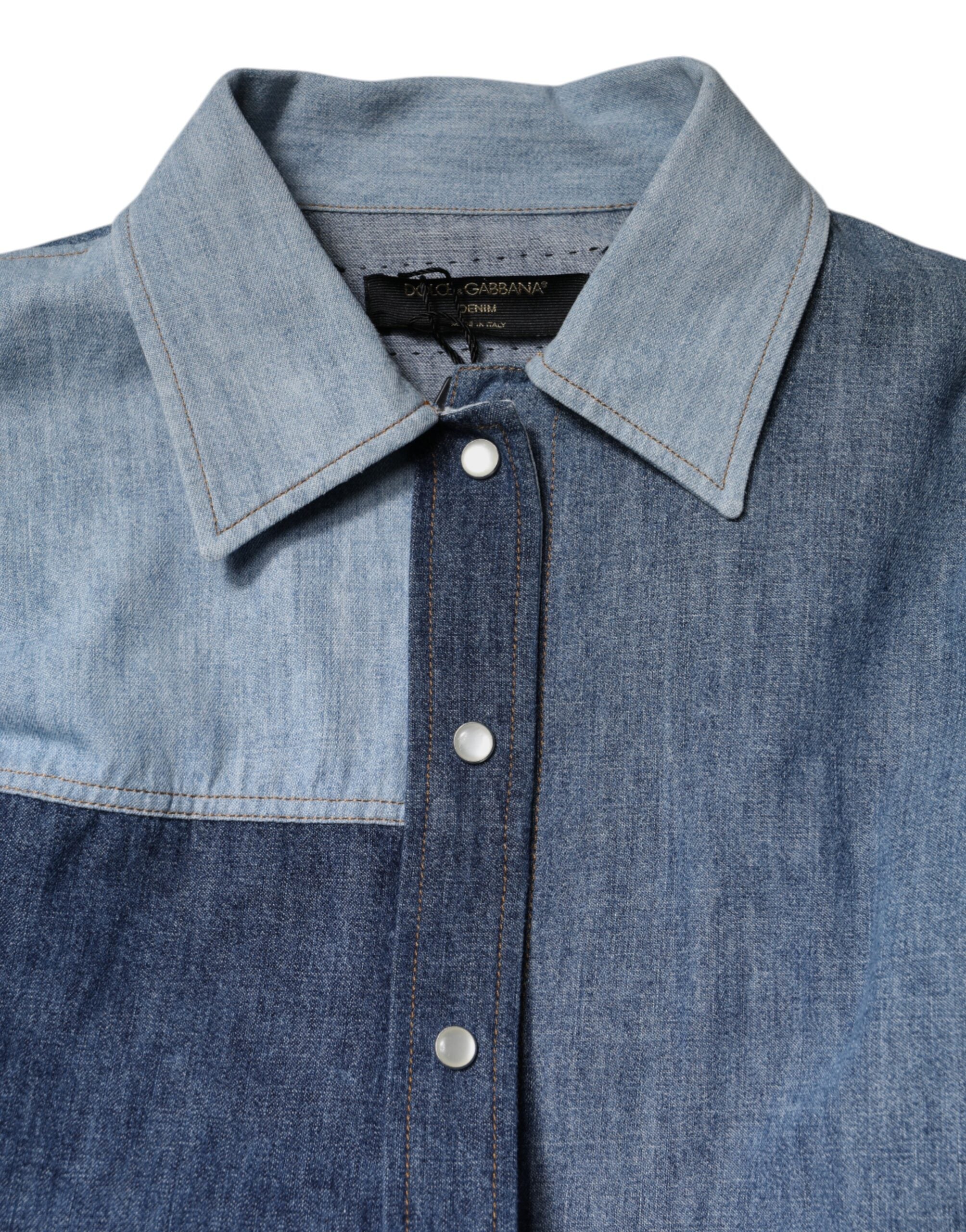 Dolce &amp; Gabbana Blue Cotton Button Up Collared Long Sleeve Top