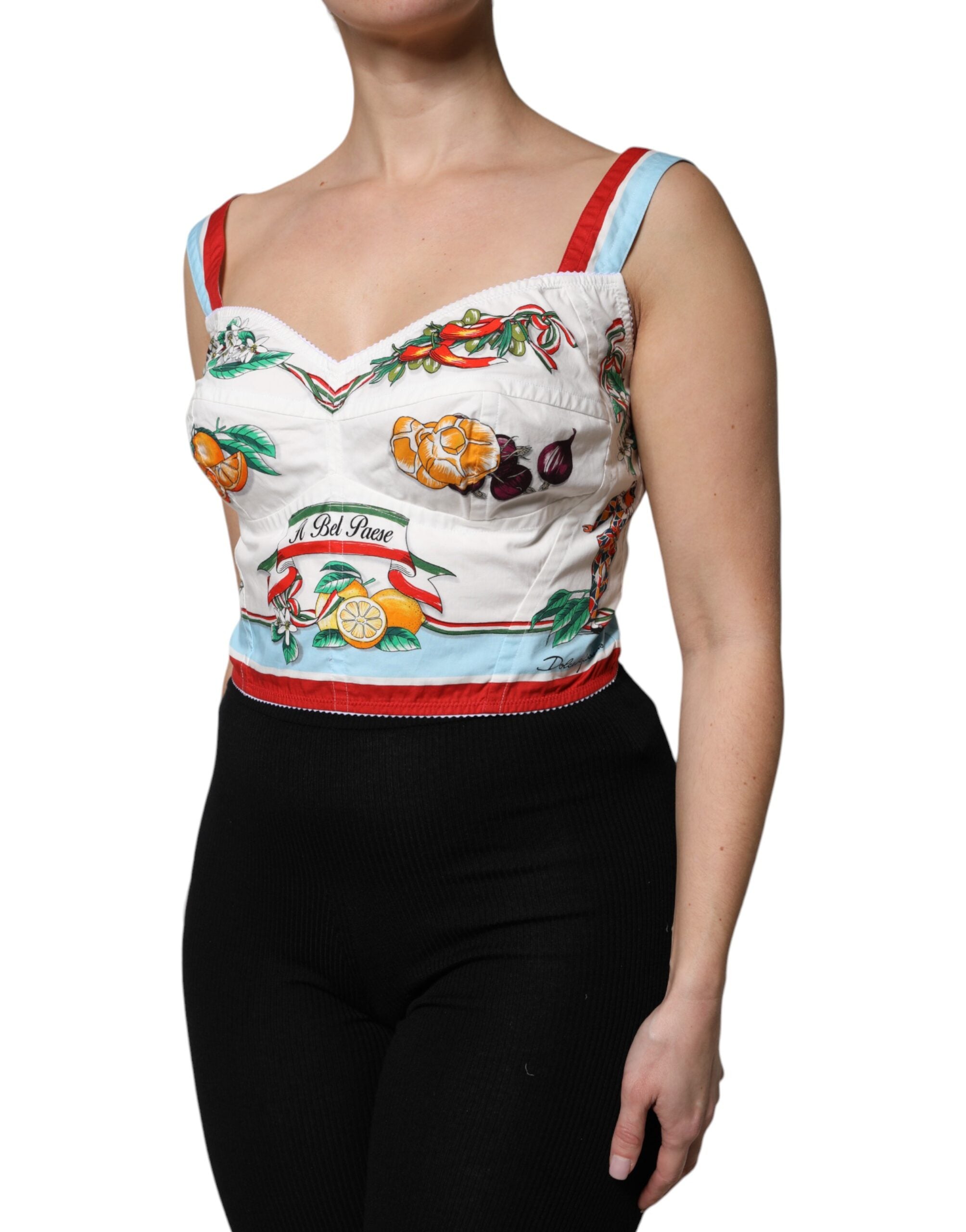 Dolce &amp; Gabbana White Vegetable Print Sweetheart Cropped Top