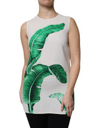 Dolce &amp; Gabbana White Banana Leaf Print Round Neck Tank Top
