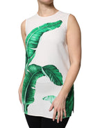 Dolce &amp; Gabbana White Banana Leaf Print Round Neck Tank Top