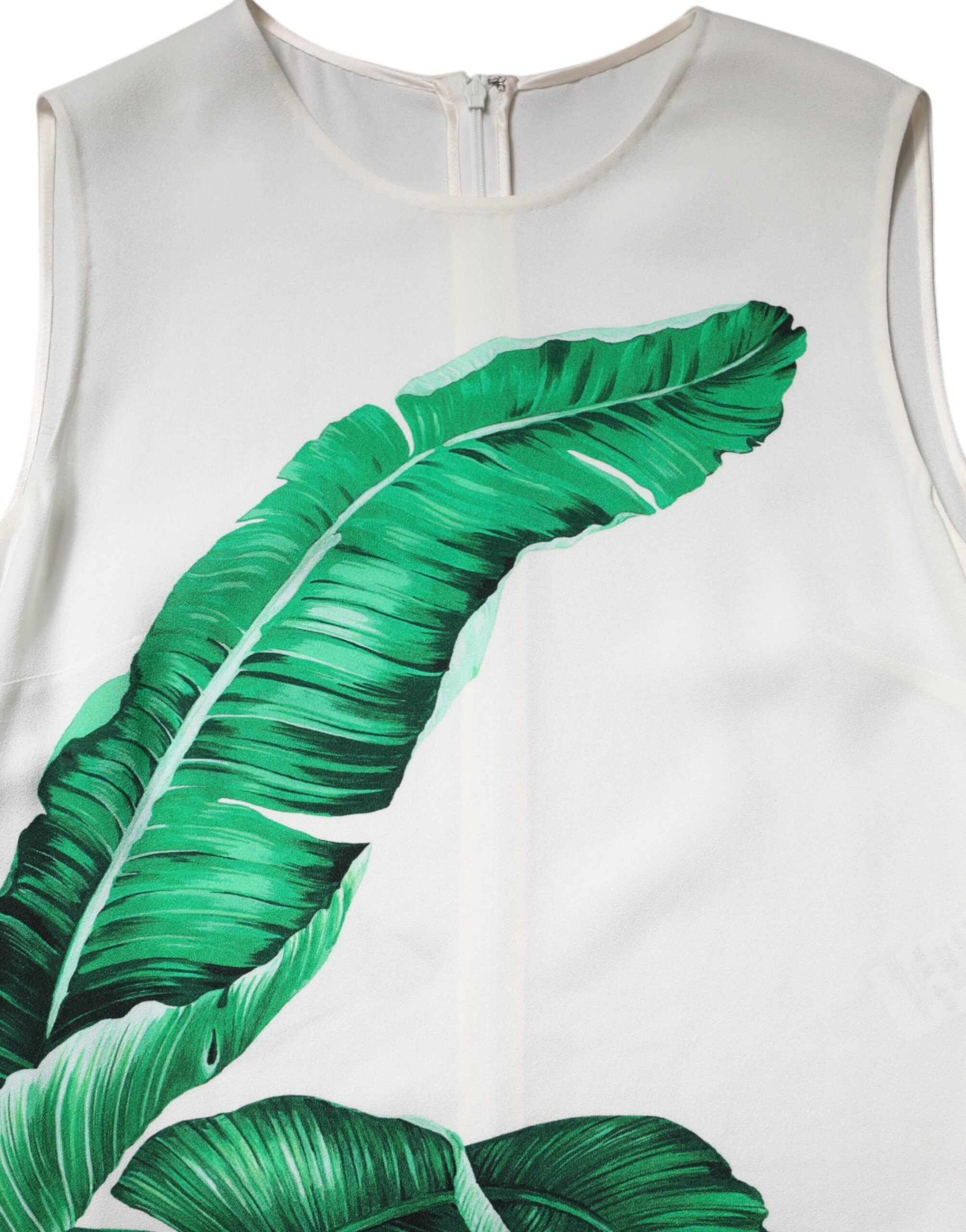 Dolce &amp; Gabbana White Banana Leaf Print Round Neck Tank Top