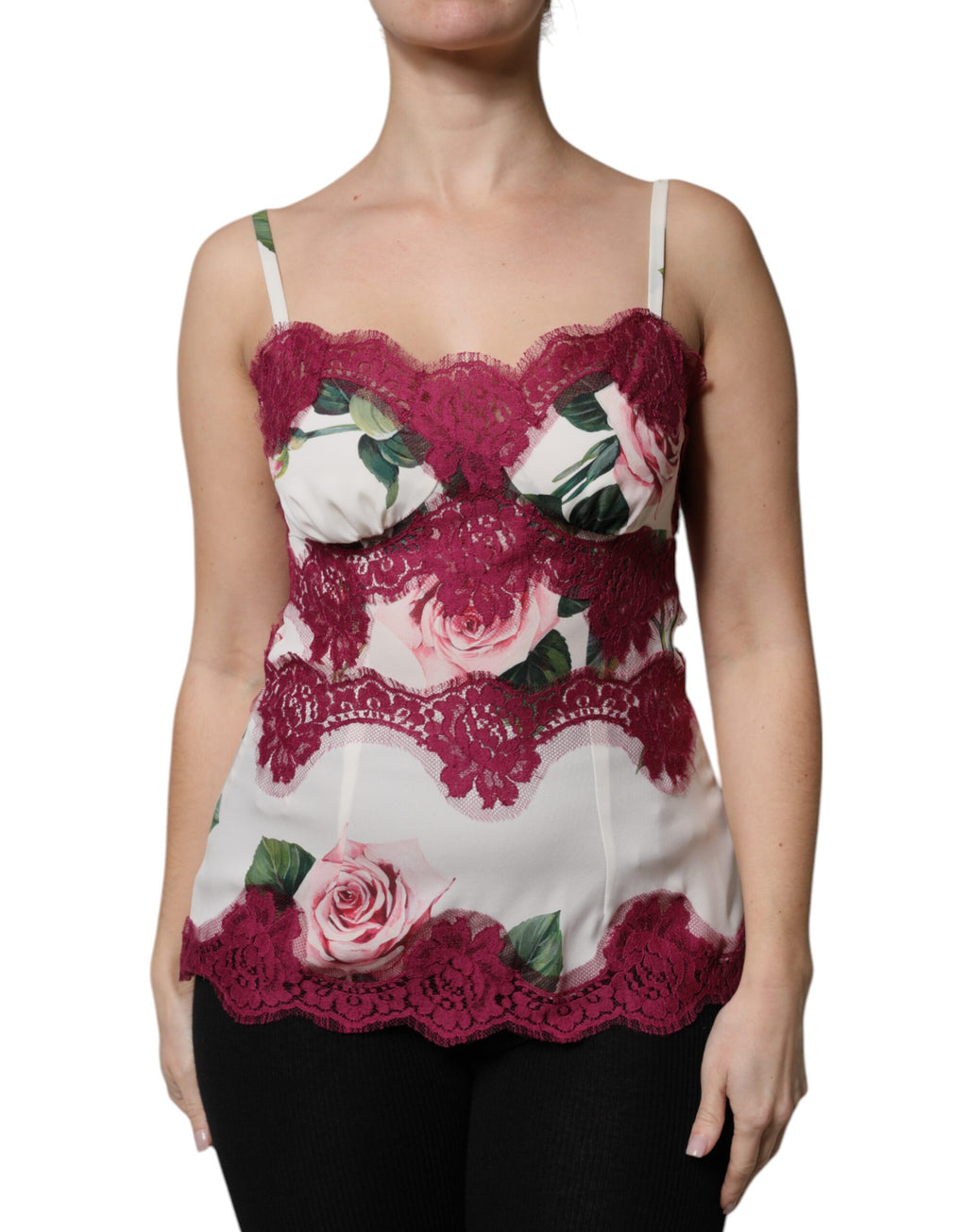 Dolce &amp; Gabbana White Rose Print Satin Lace Tank Top Lingerie