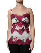 Dolce &amp; Gabbana White Rose Print Satin Lace Tank Top Lingerie