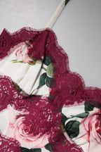 Dolce &amp; Gabbana White Rose Print Satin Lace Tank Top Lingerie