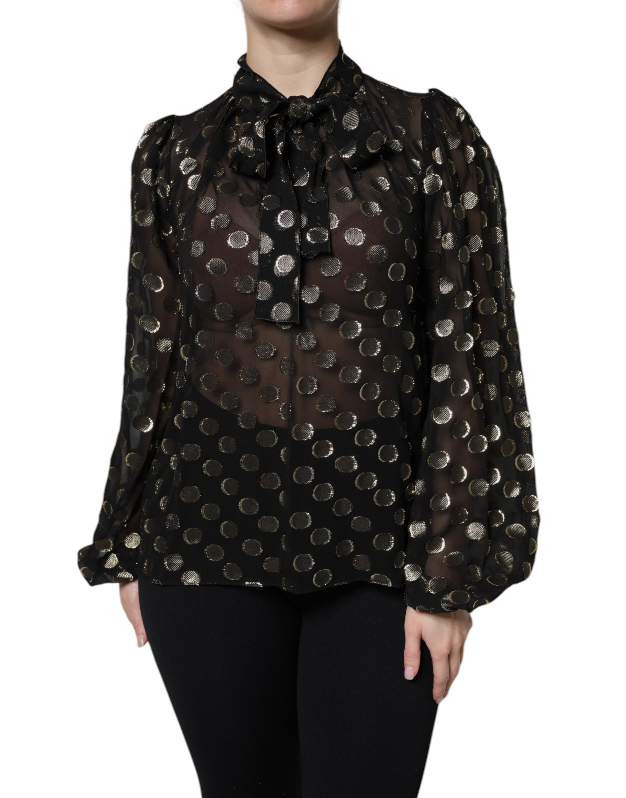 Dolce &amp; Gabbana Black Sheer Tied Neck Polka Dots Blouse Top