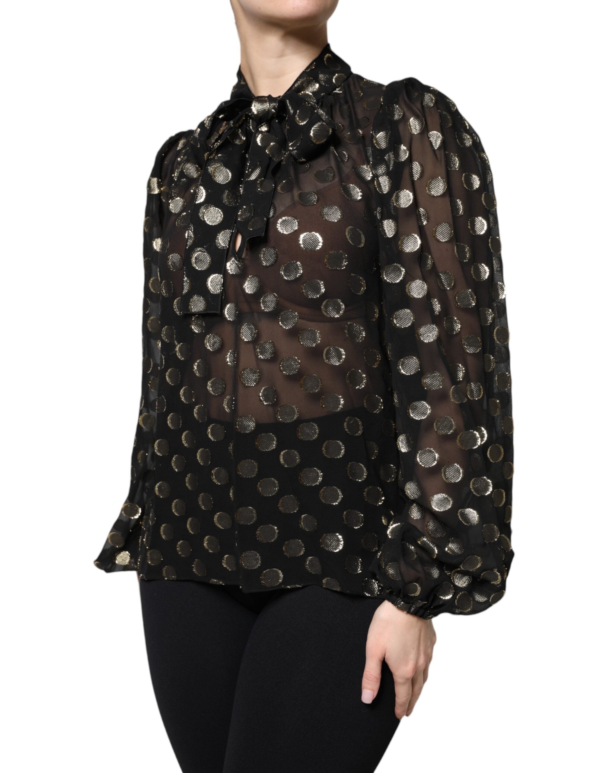 Dolce &amp; Gabbana Black Sheer Tied Neck Polka Dots Blouse Top