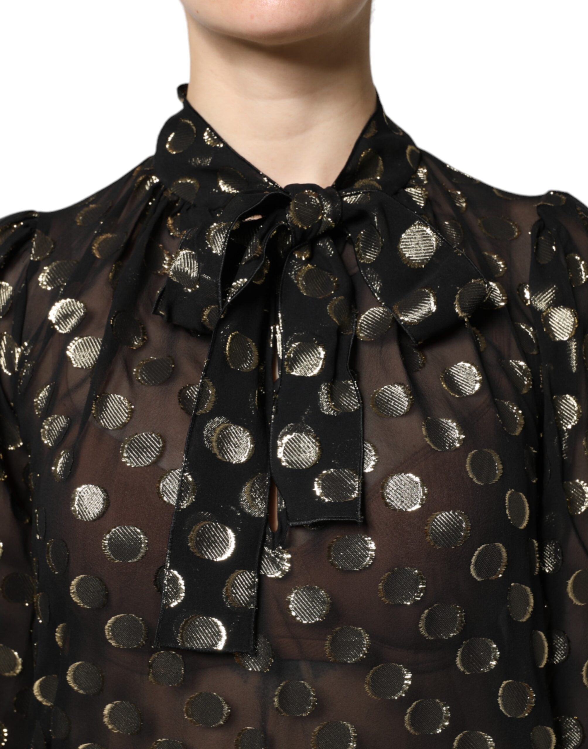 Dolce &amp; Gabbana Black Sheer Tied Neck Polka Dots Blouse Top